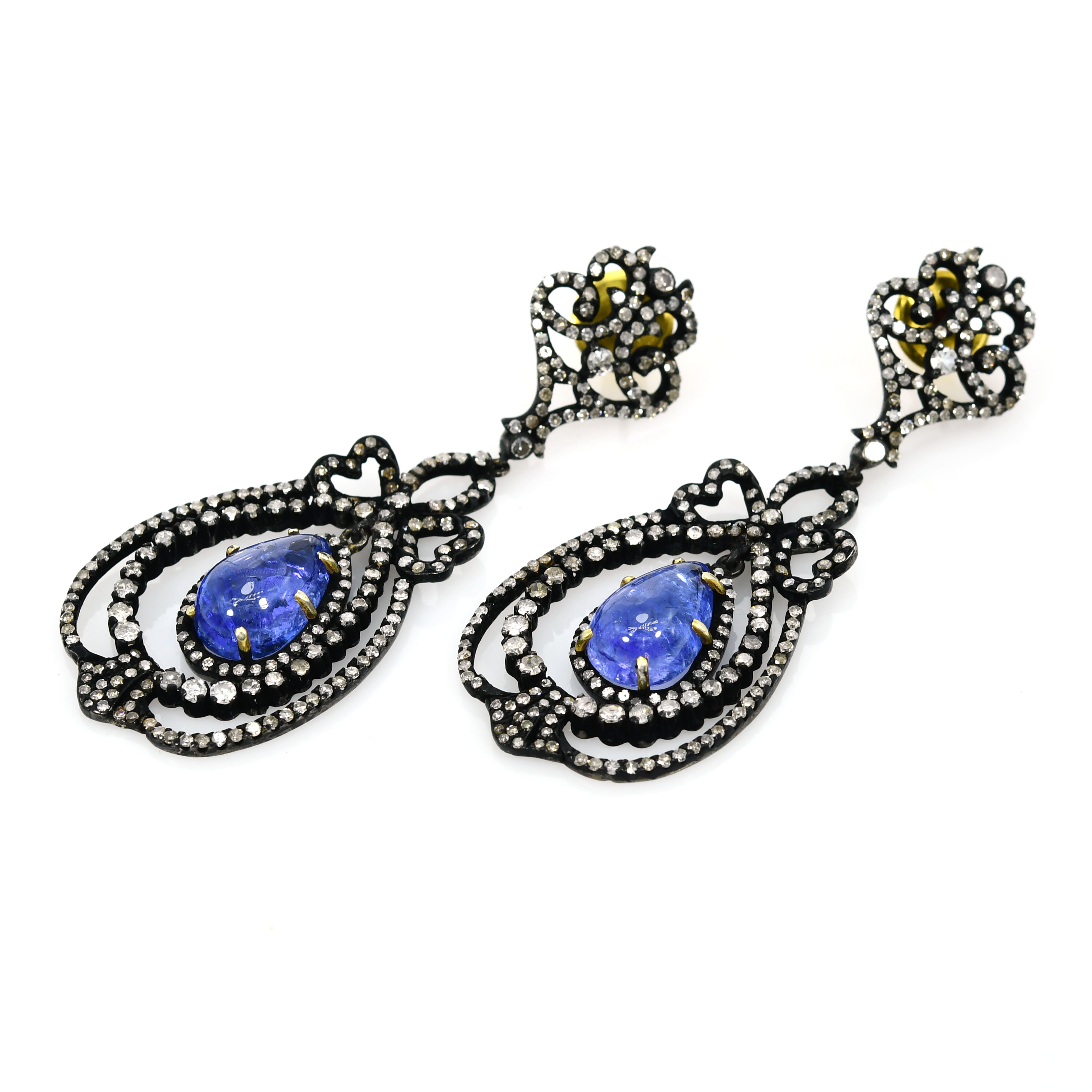 14k Yellow Gold Diamond Earrings with Blue Tanzanite Teardrop Dangles