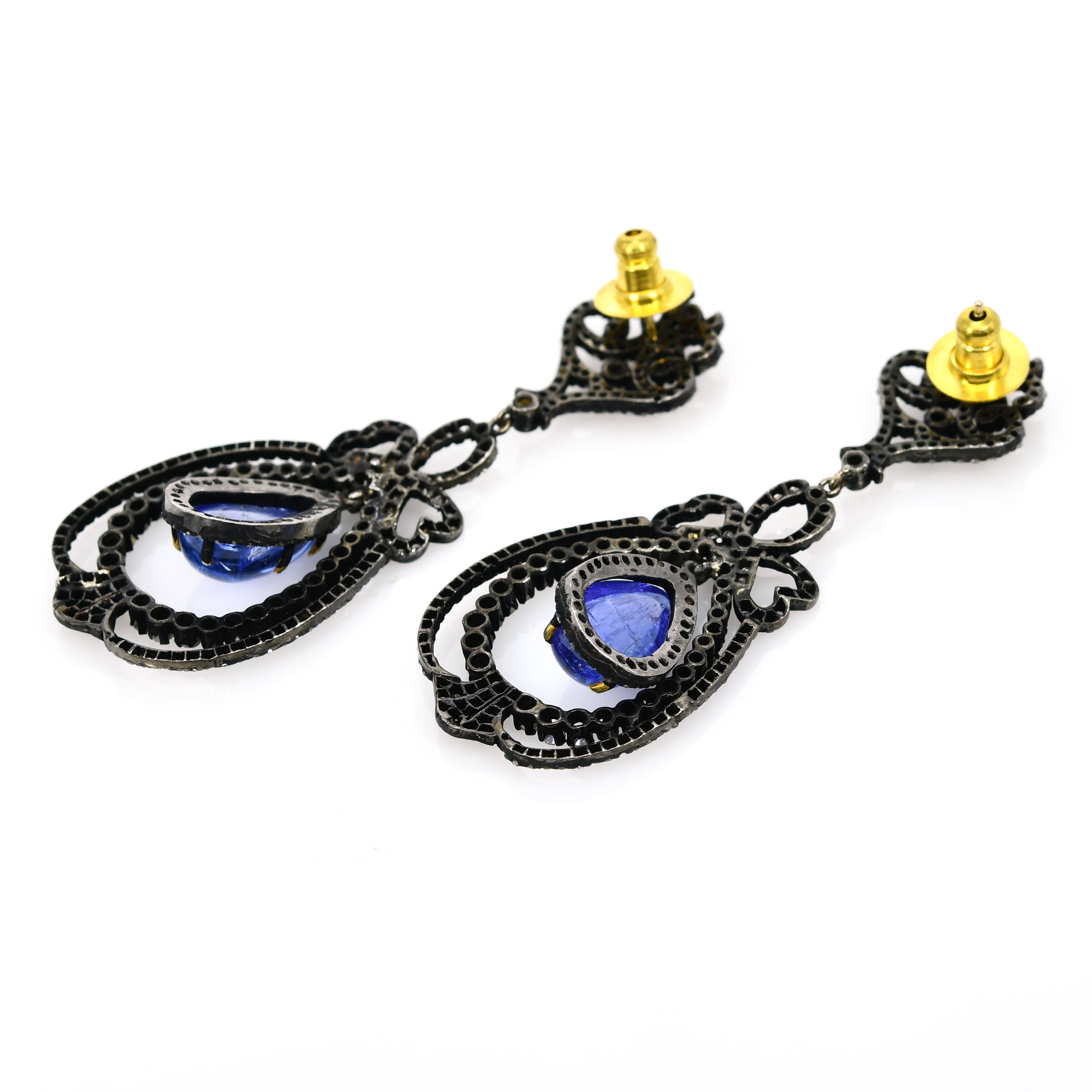 14k Yellow Gold Diamond Earrings with Blue Tanzanite Teardrop Dangles