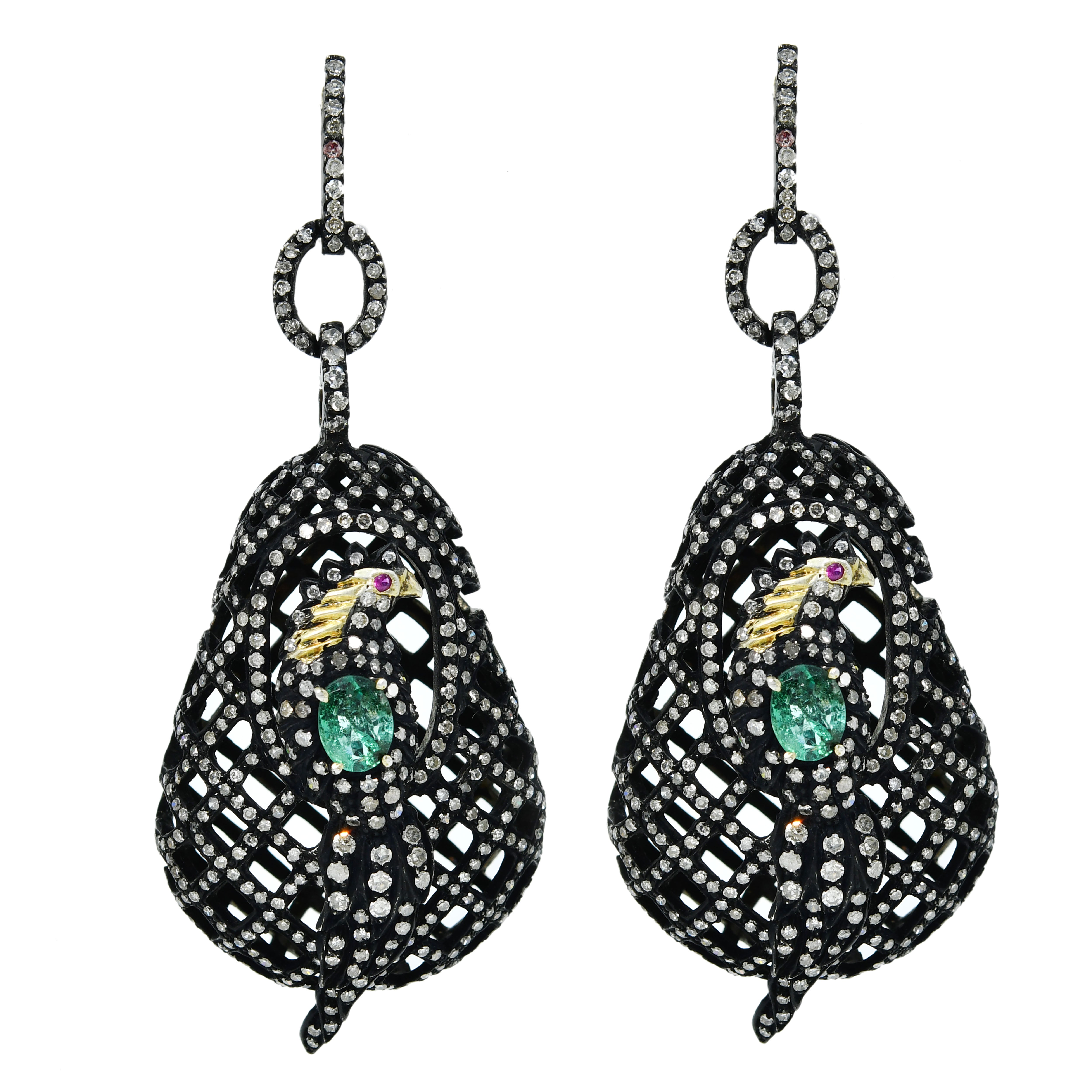 14k Yellow Gold Filigree Bell Dangle Earrings with Green Stone Accents