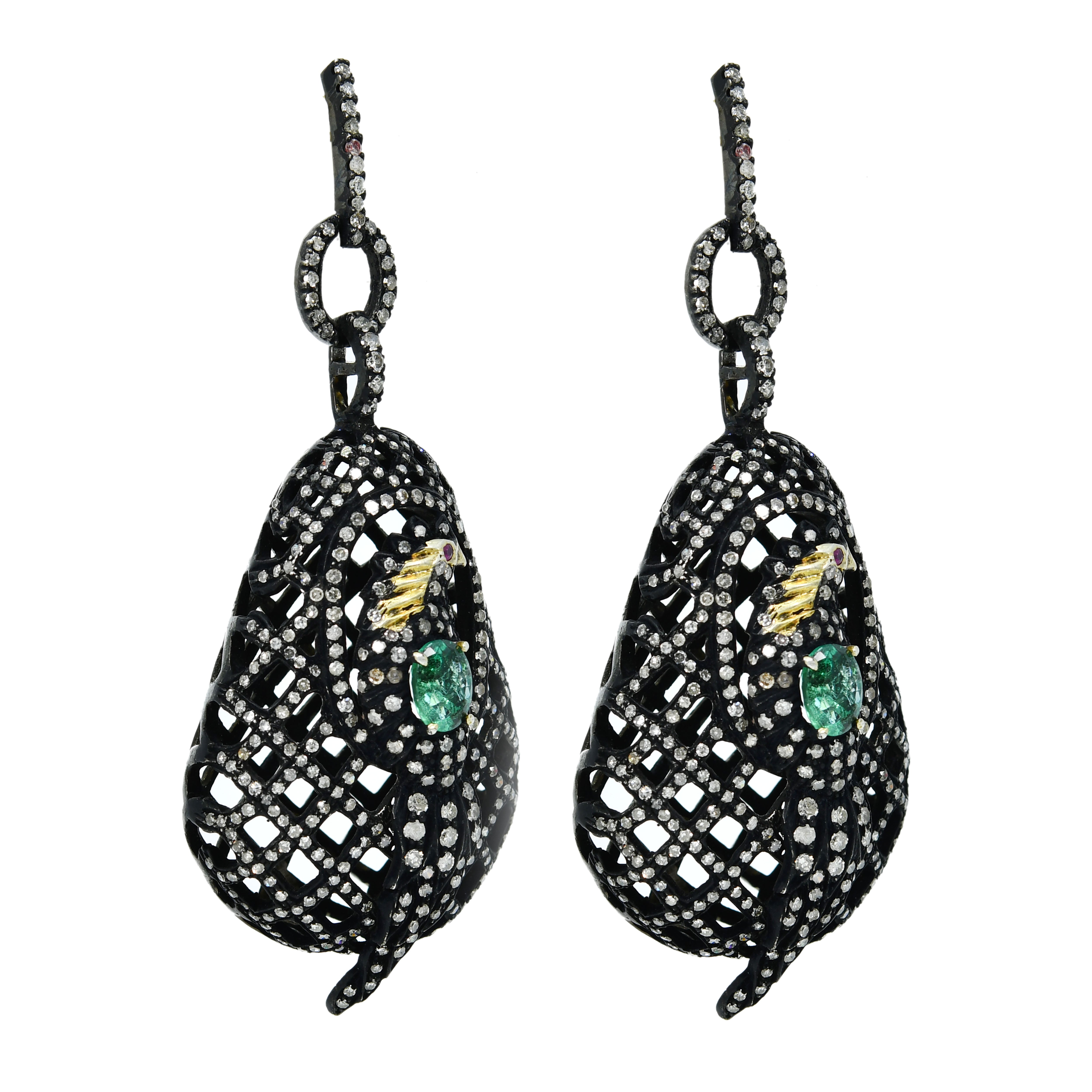 14k Yellow Gold Filigree Bell Dangle Earrings with Green Stone Accents