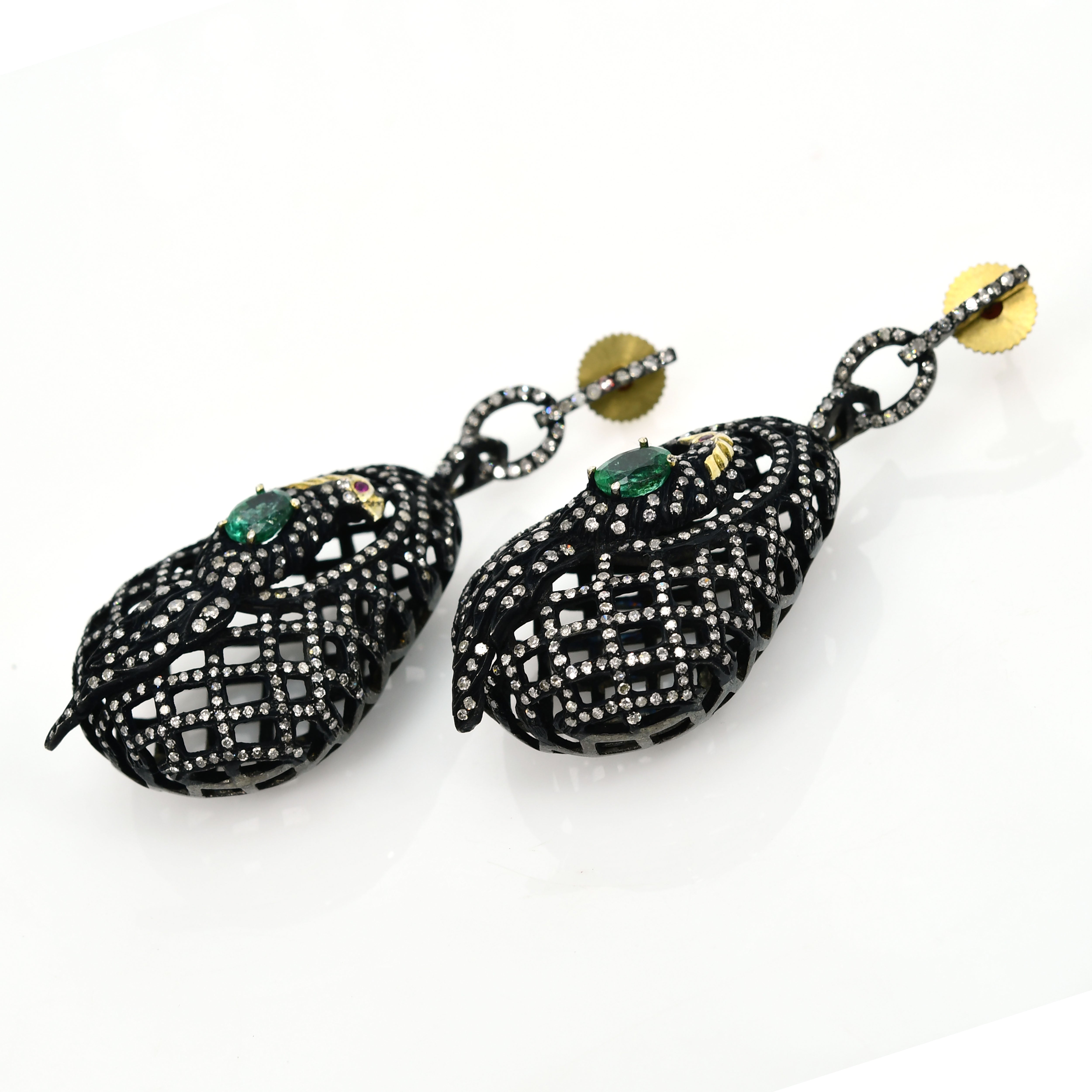 14k Yellow Gold Filigree Bell Dangle Earrings with Green Stone Accents