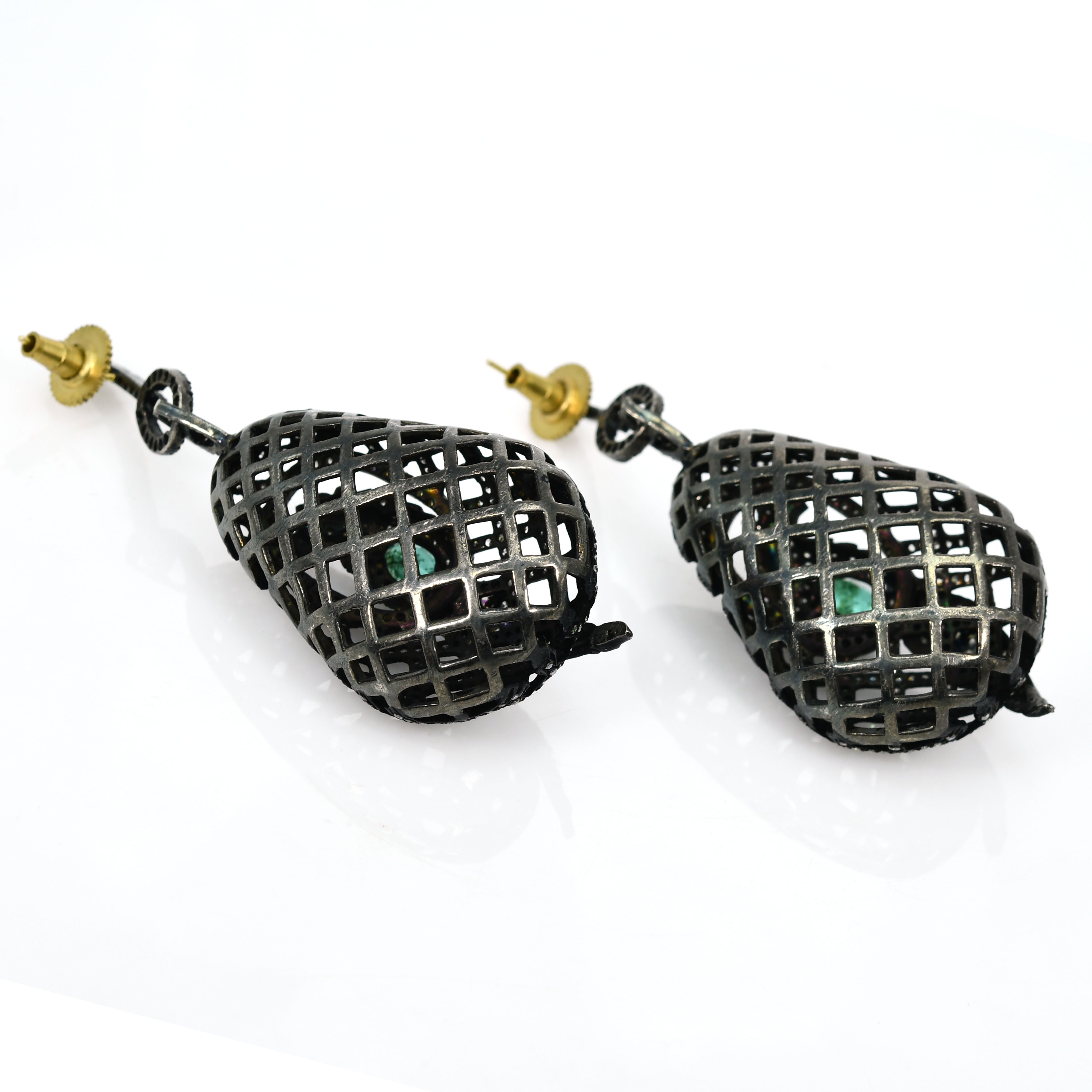 14k Yellow Gold Filigree Bell Dangle Earrings with Green Stone Accents