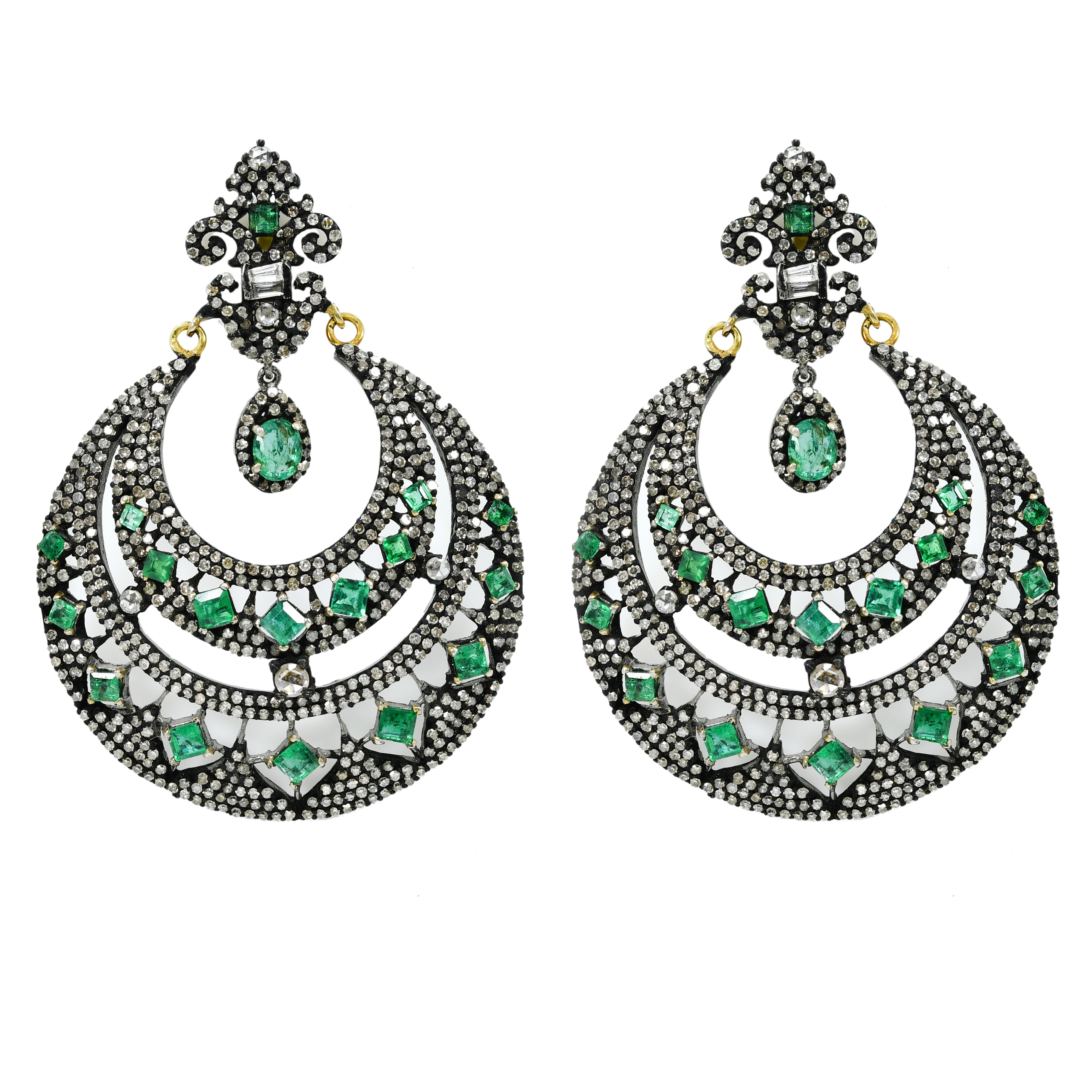 14k Yellow Gold Emerald & Diamond Designer Earrings (Victorian)