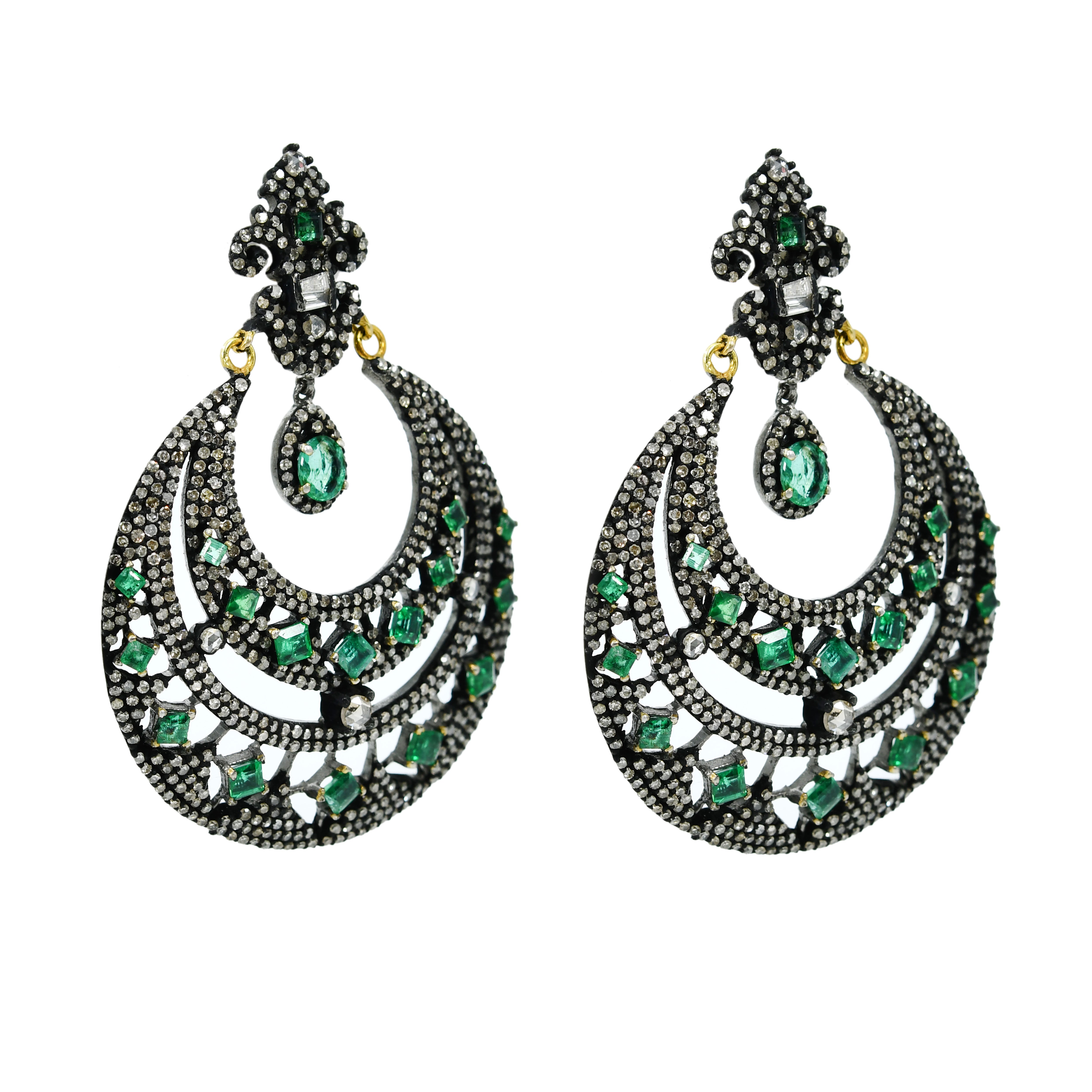 14k Yellow Gold Emerald & Diamond Designer Earrings (Victorian)
