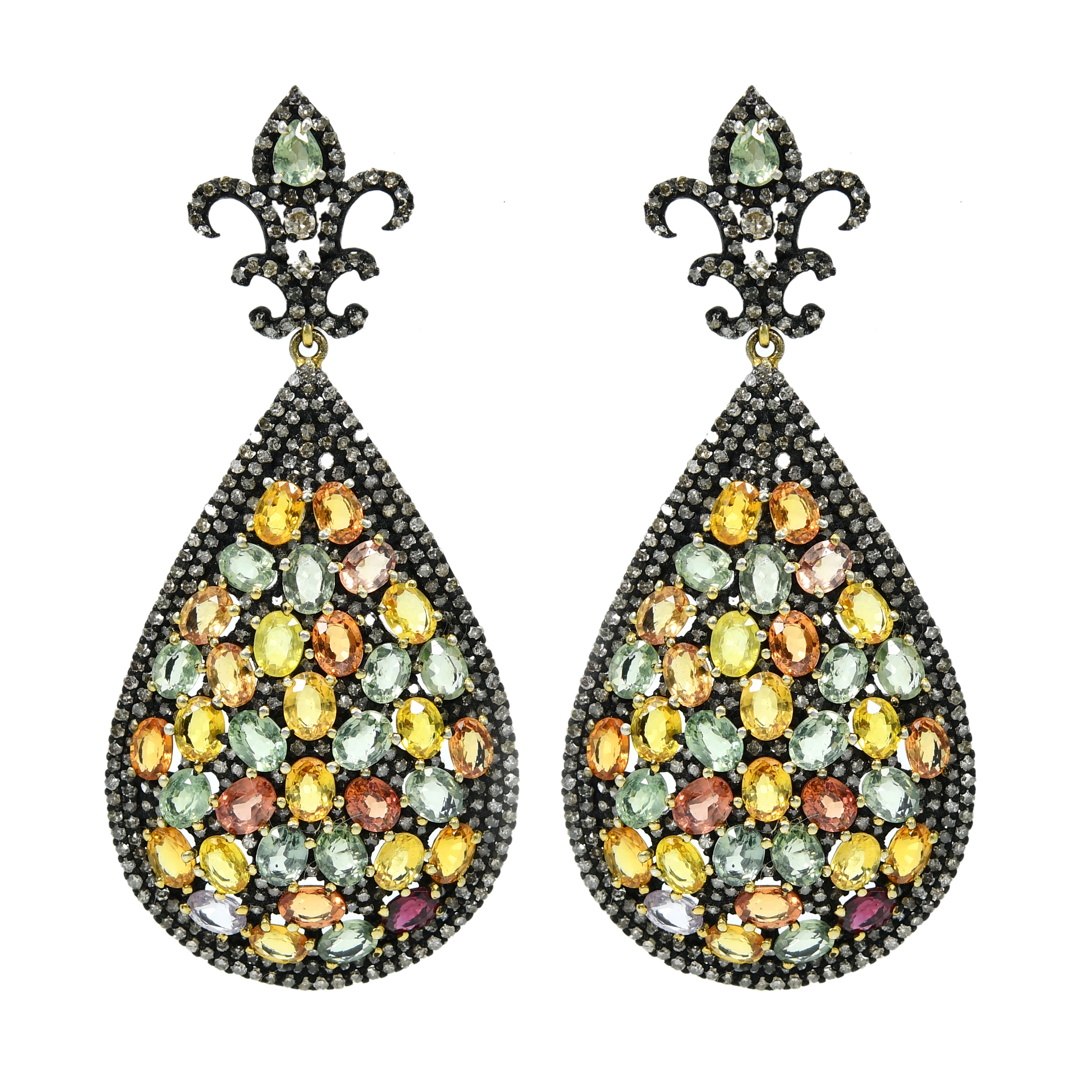 Multi-Sapphire & Pave Diamond Victorian Earrings