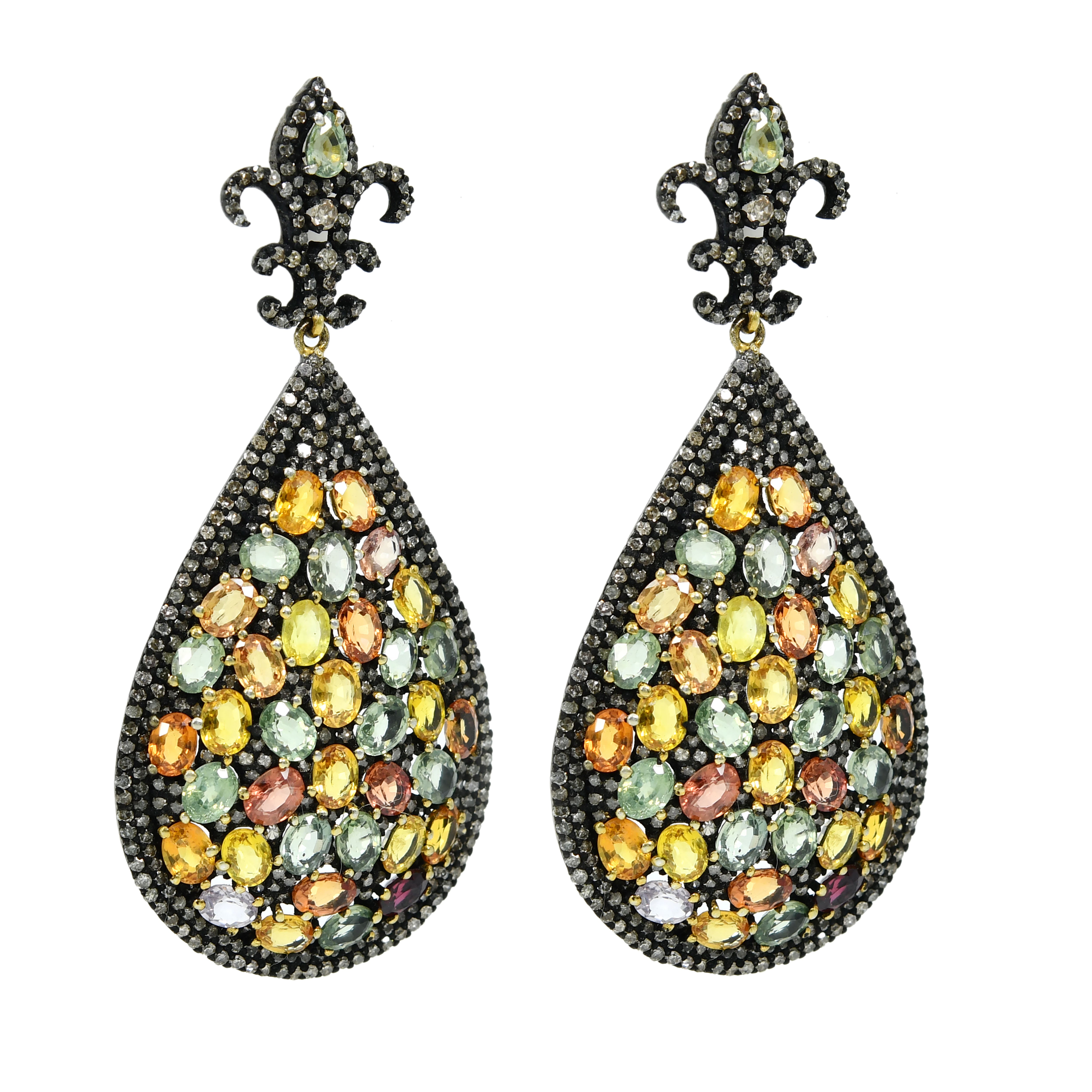 Multi-Sapphire & Pave Diamond Victorian Earrings