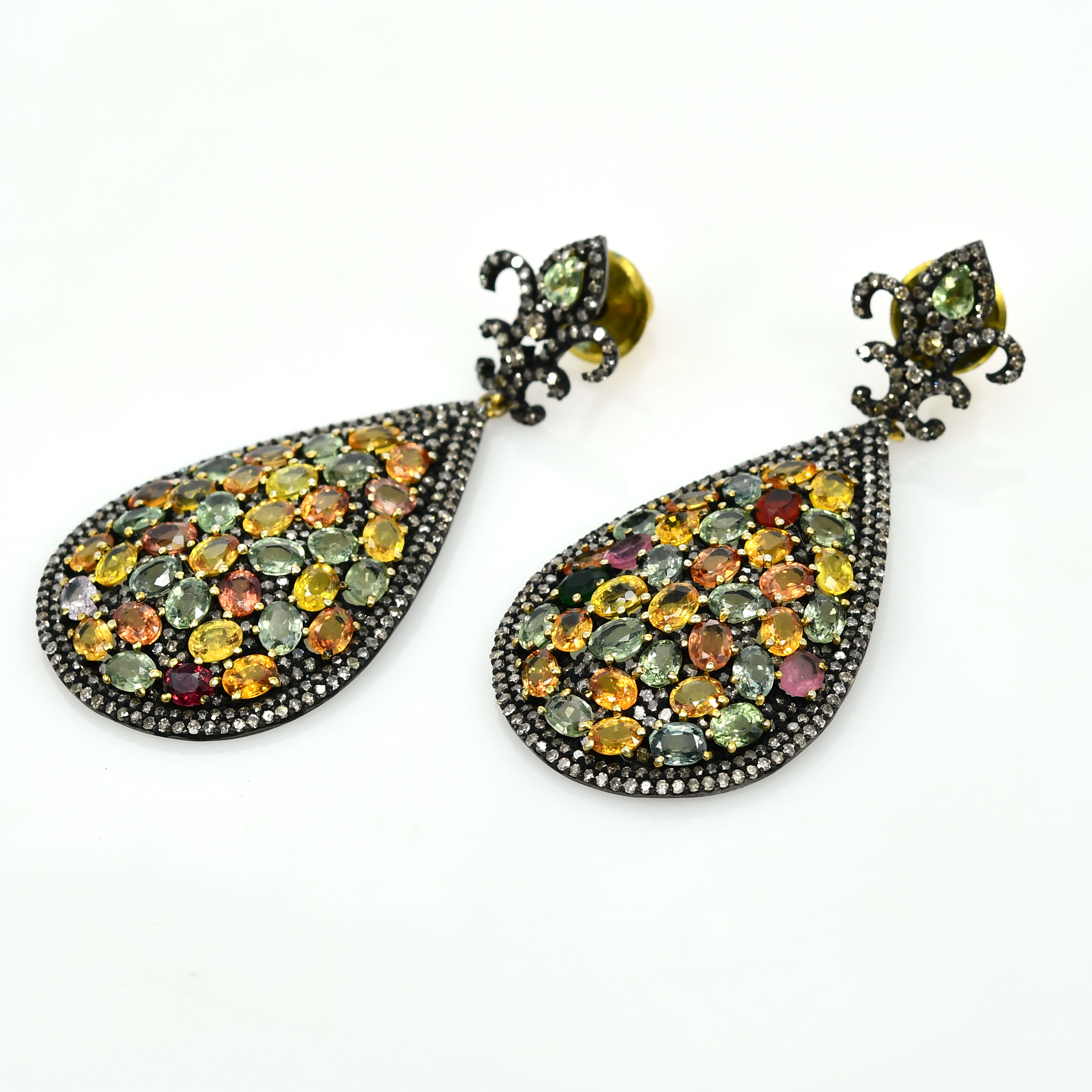 Multi-Sapphire & Pave Diamond Victorian Earrings