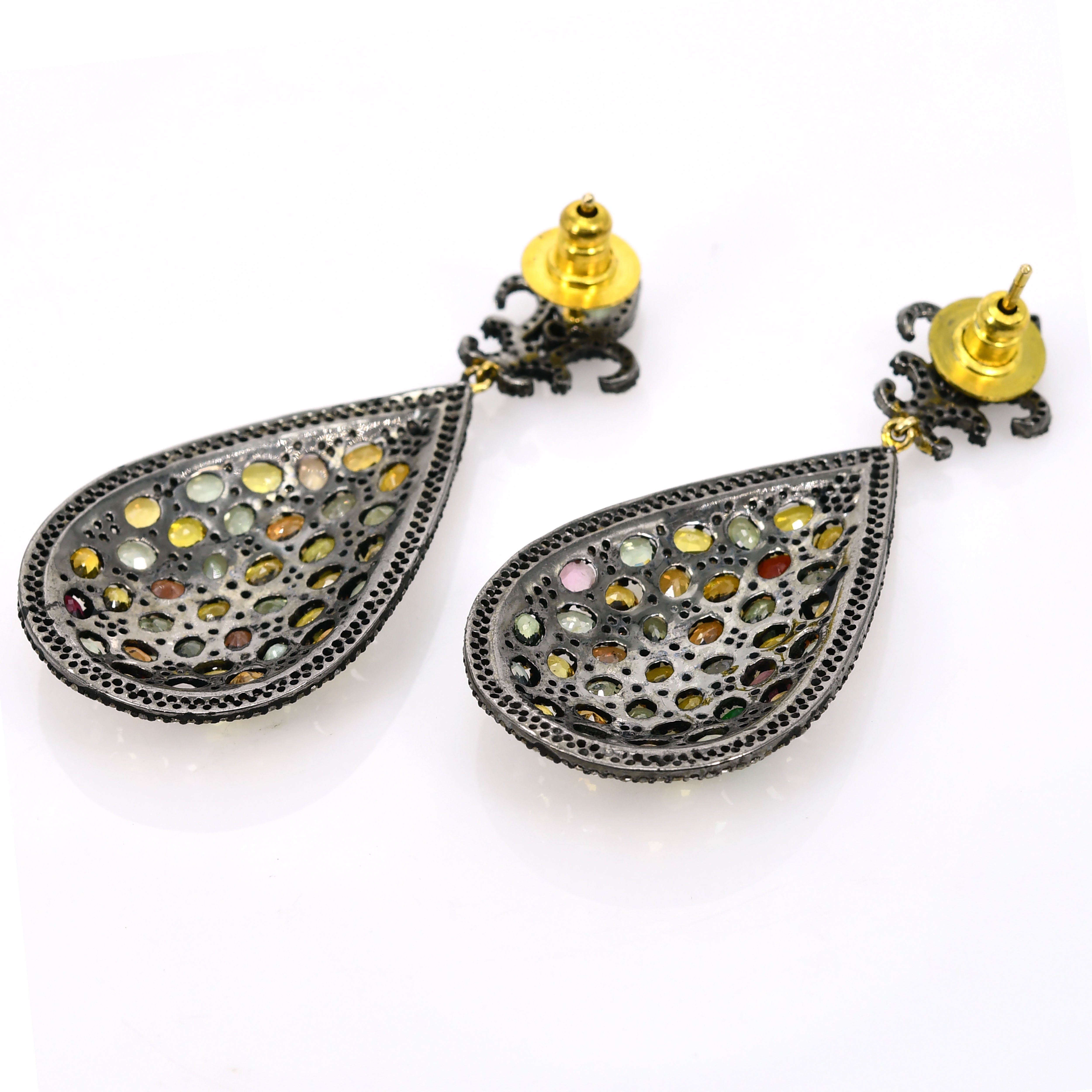 Multi-Sapphire & Pave Diamond Victorian Earrings