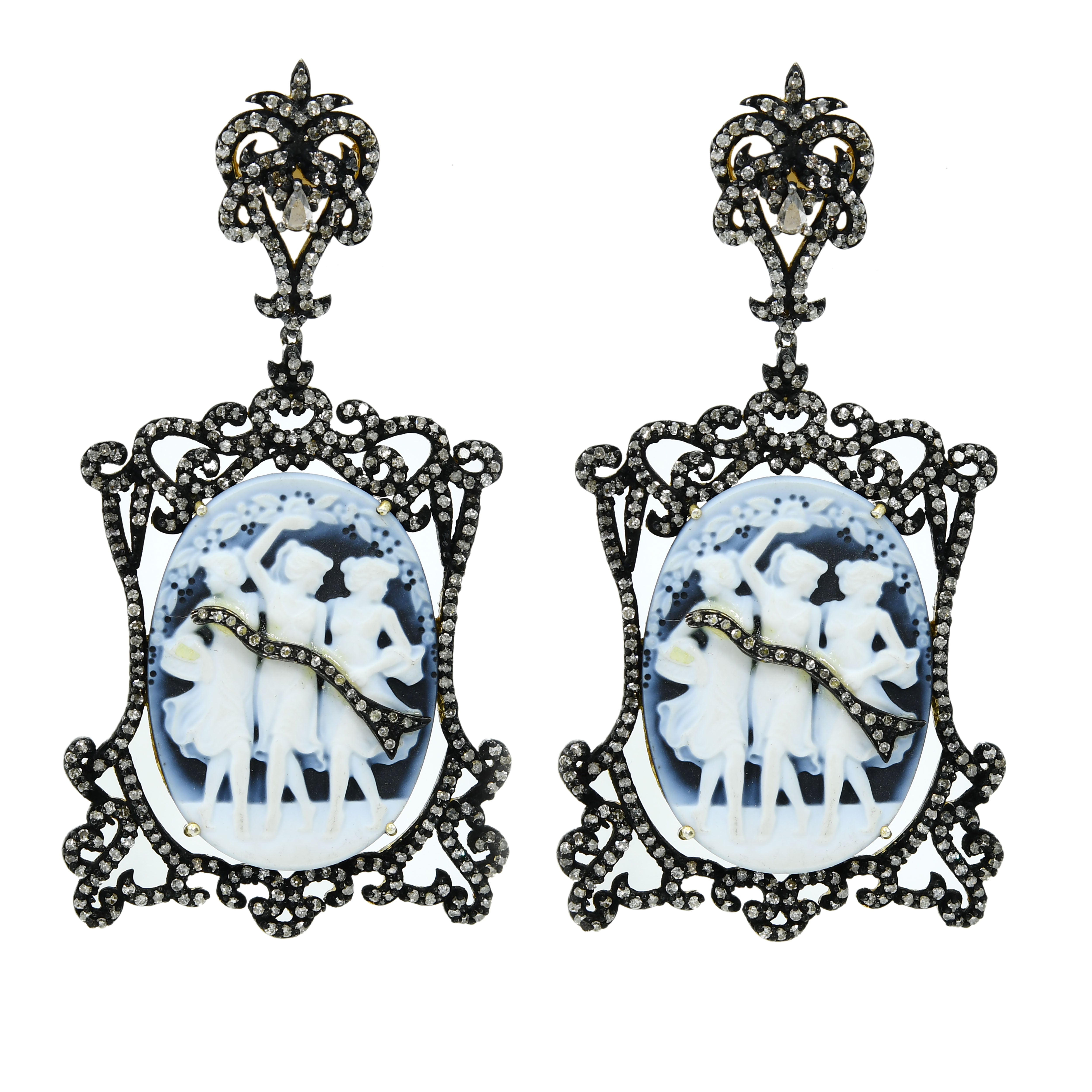 14k Yellow Gold Carved Rose-Cut Diamond Dangle Earrings