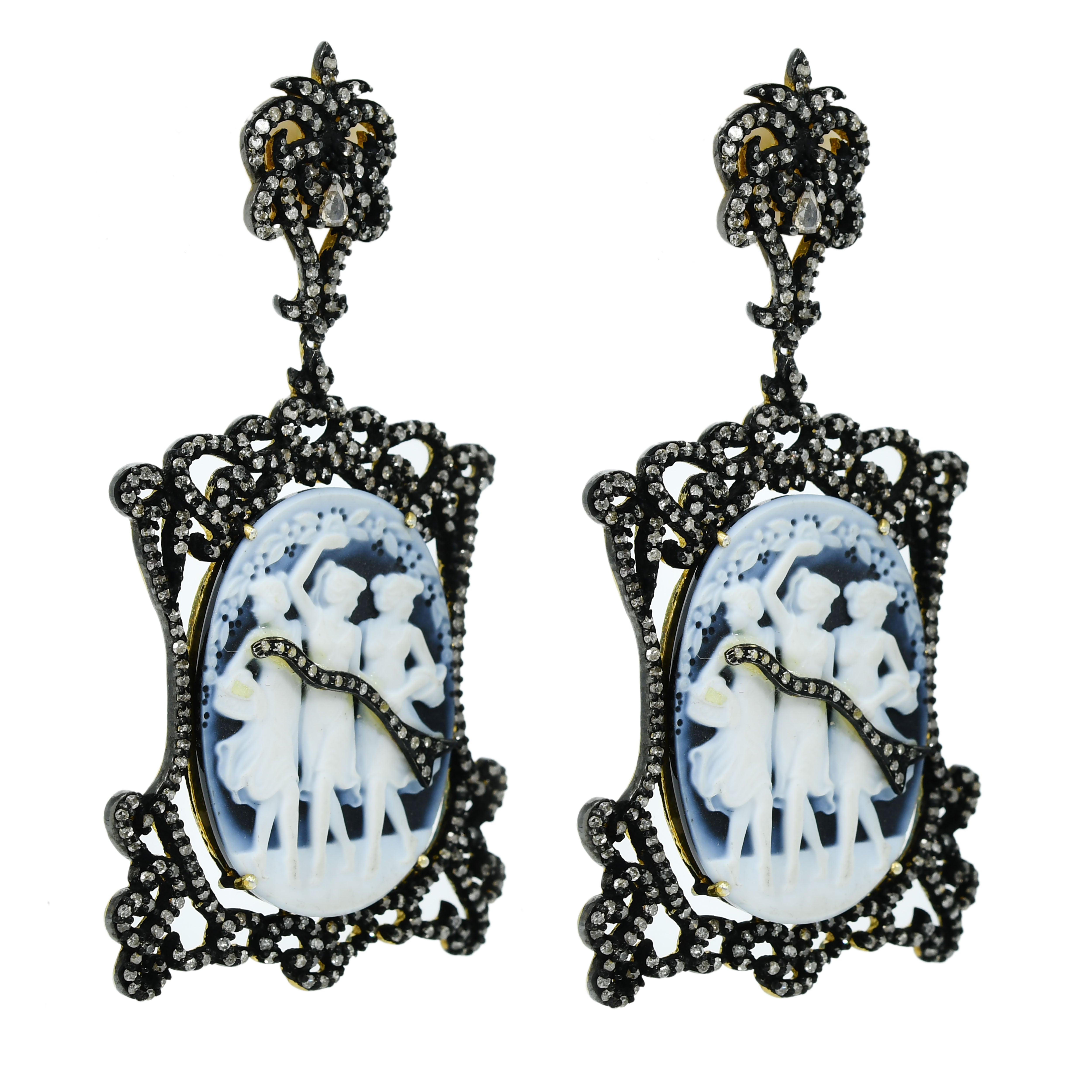 14k Yellow Gold Carved Rose-Cut Diamond Dangle Earrings