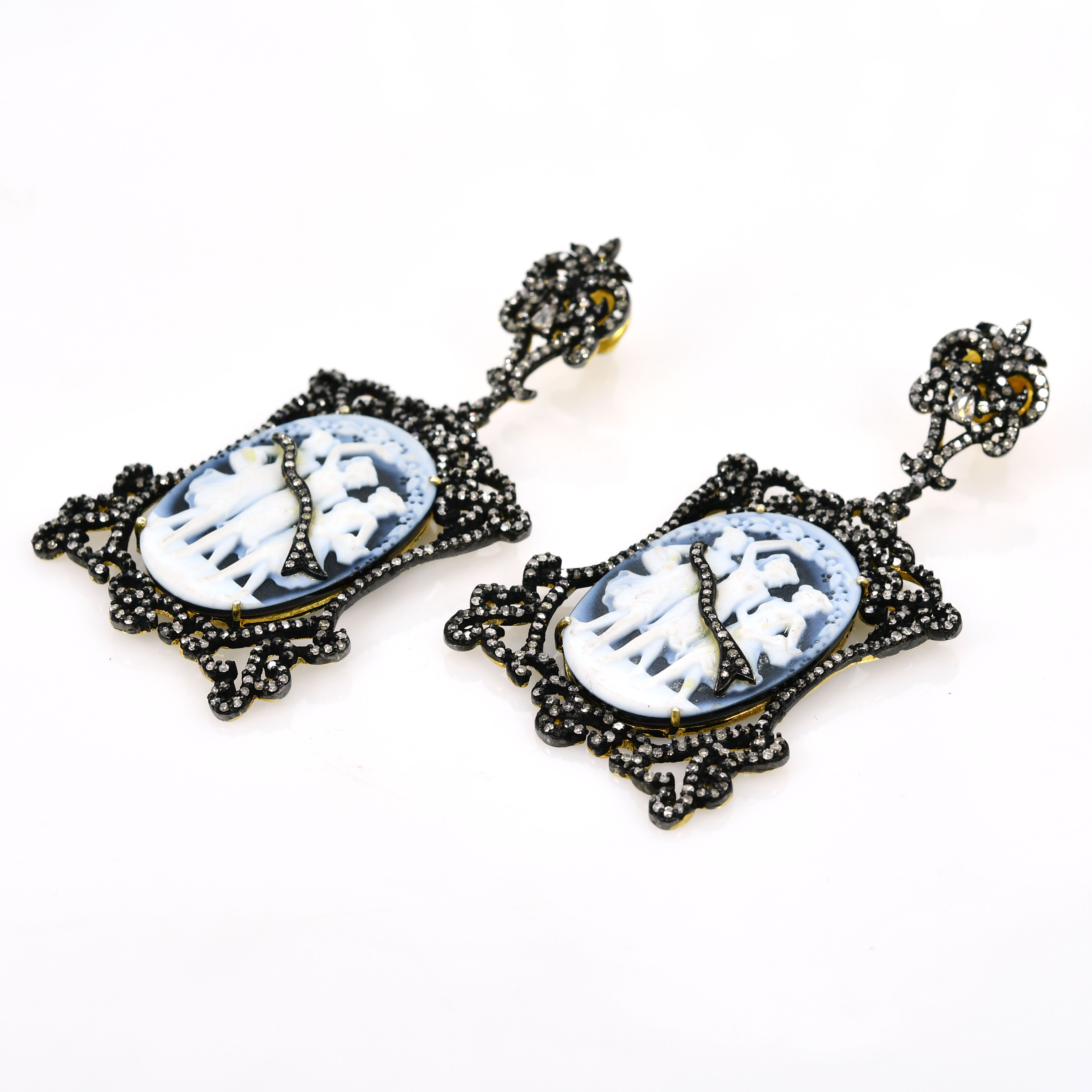 14k Yellow Gold Carved Rose-Cut Diamond Dangle Earrings