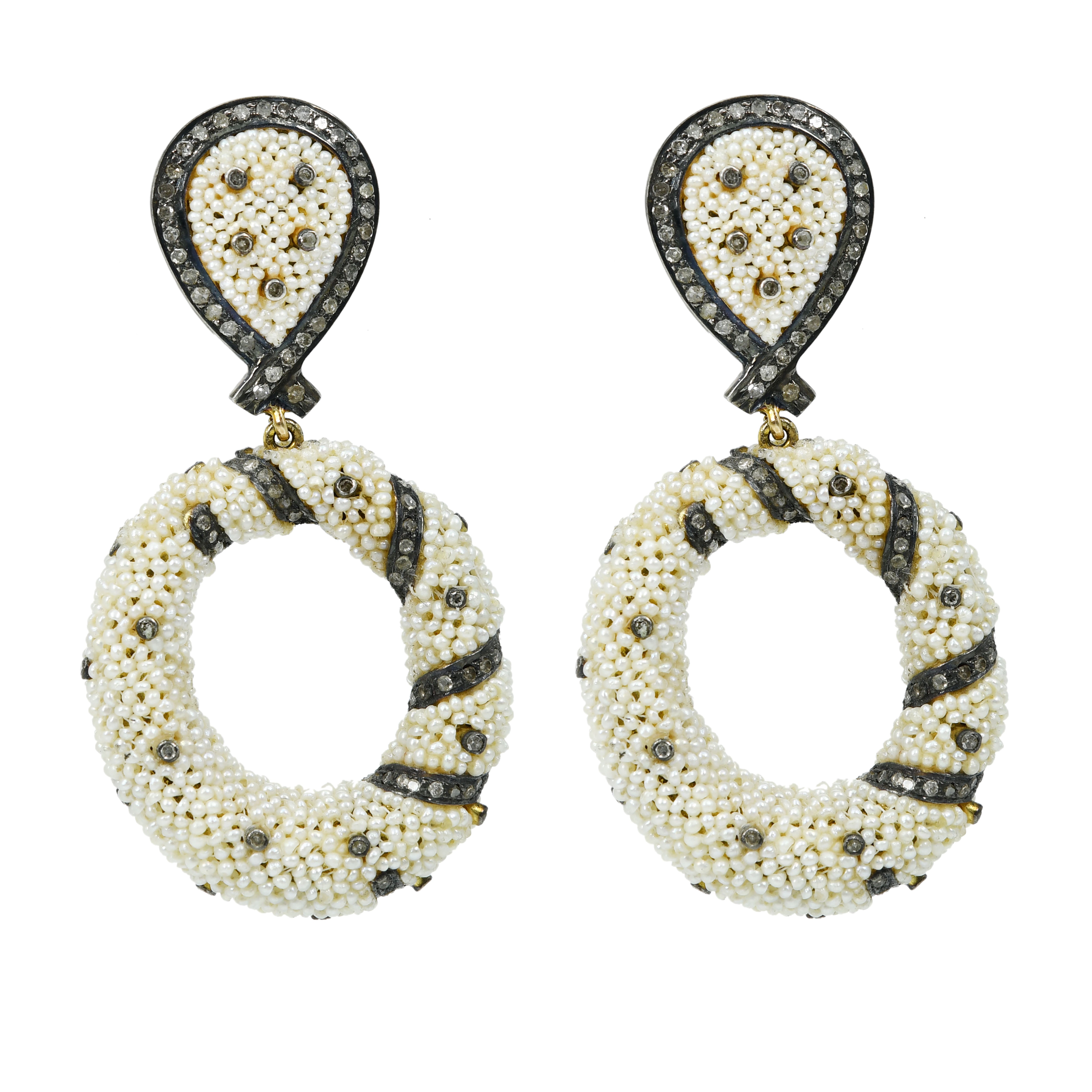 Silver Pearl & Diamond Drop Earrings Victorian Style