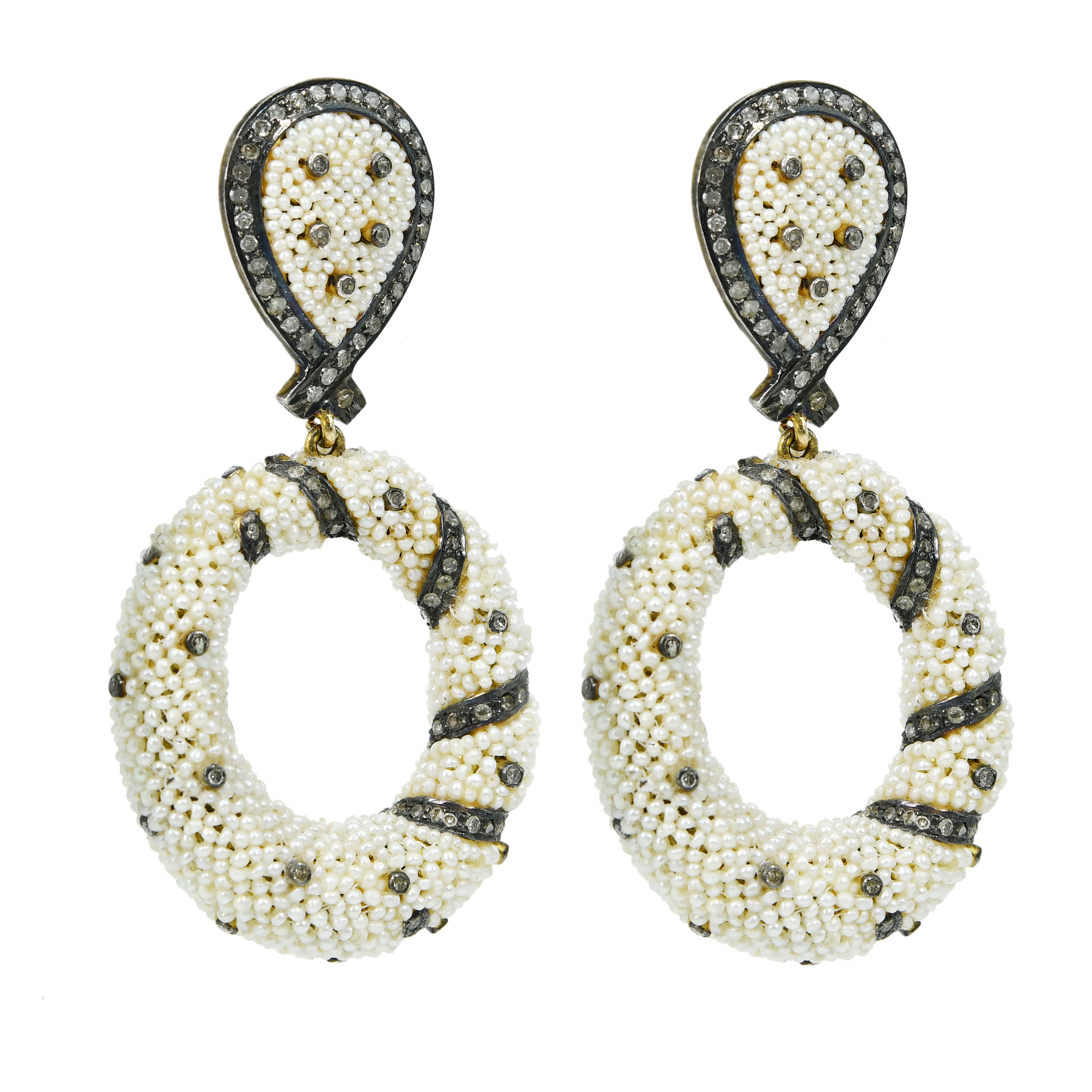 Silver Pearl & Diamond Drop Earrings Victorian Style