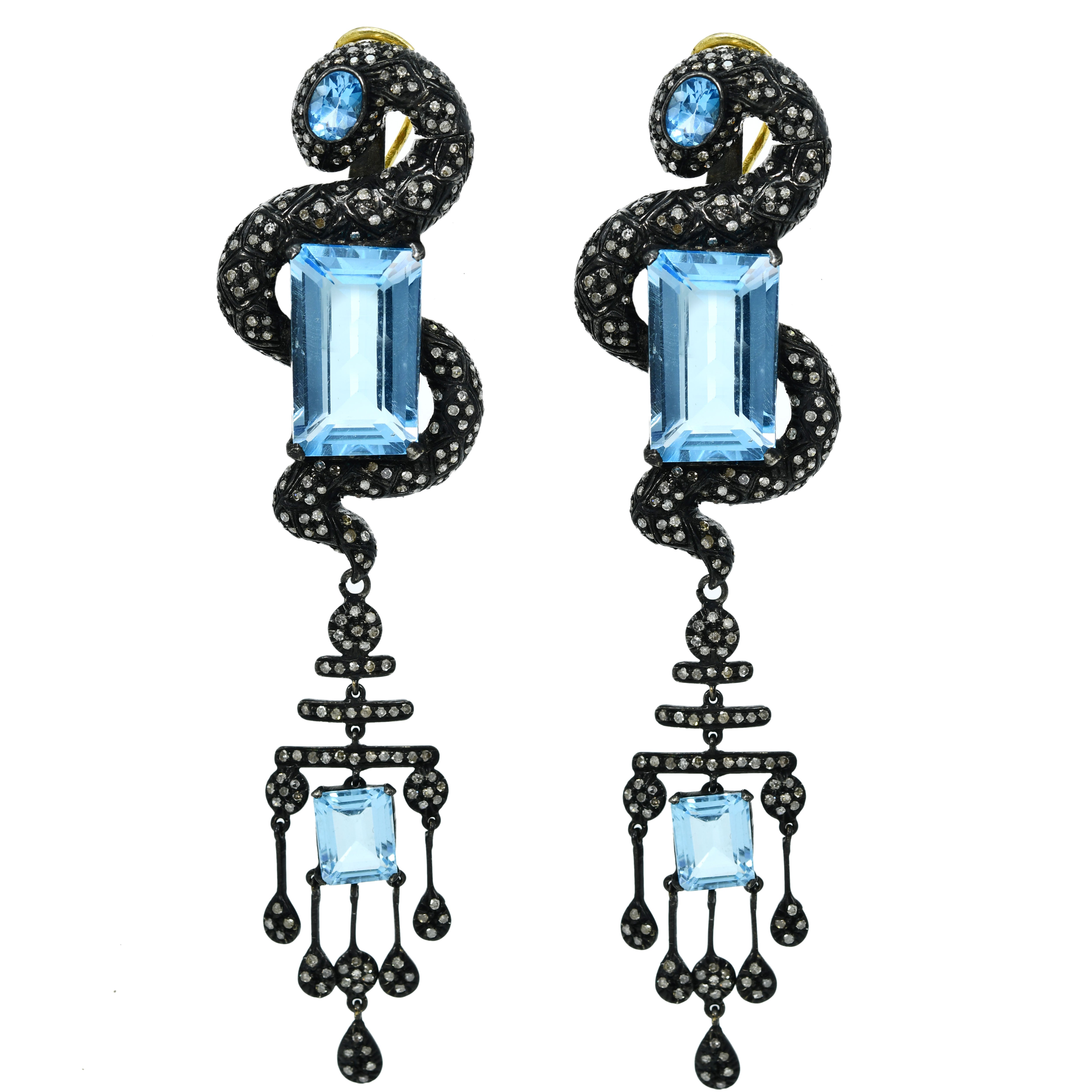 Silver & Gold Long Geometric Blue Topaz Statement Earrings