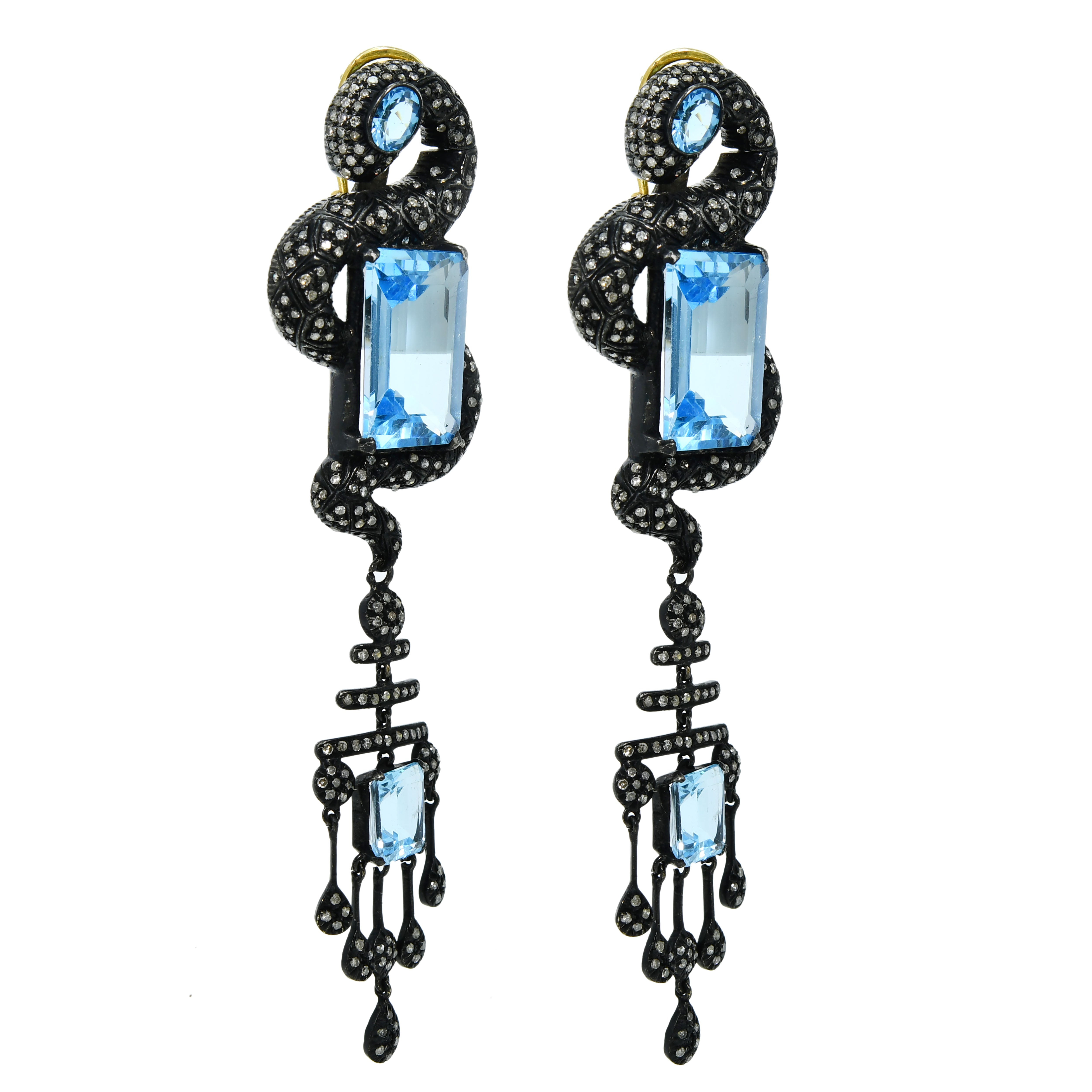Silver & Gold Long Geometric Blue Topaz Statement Earrings