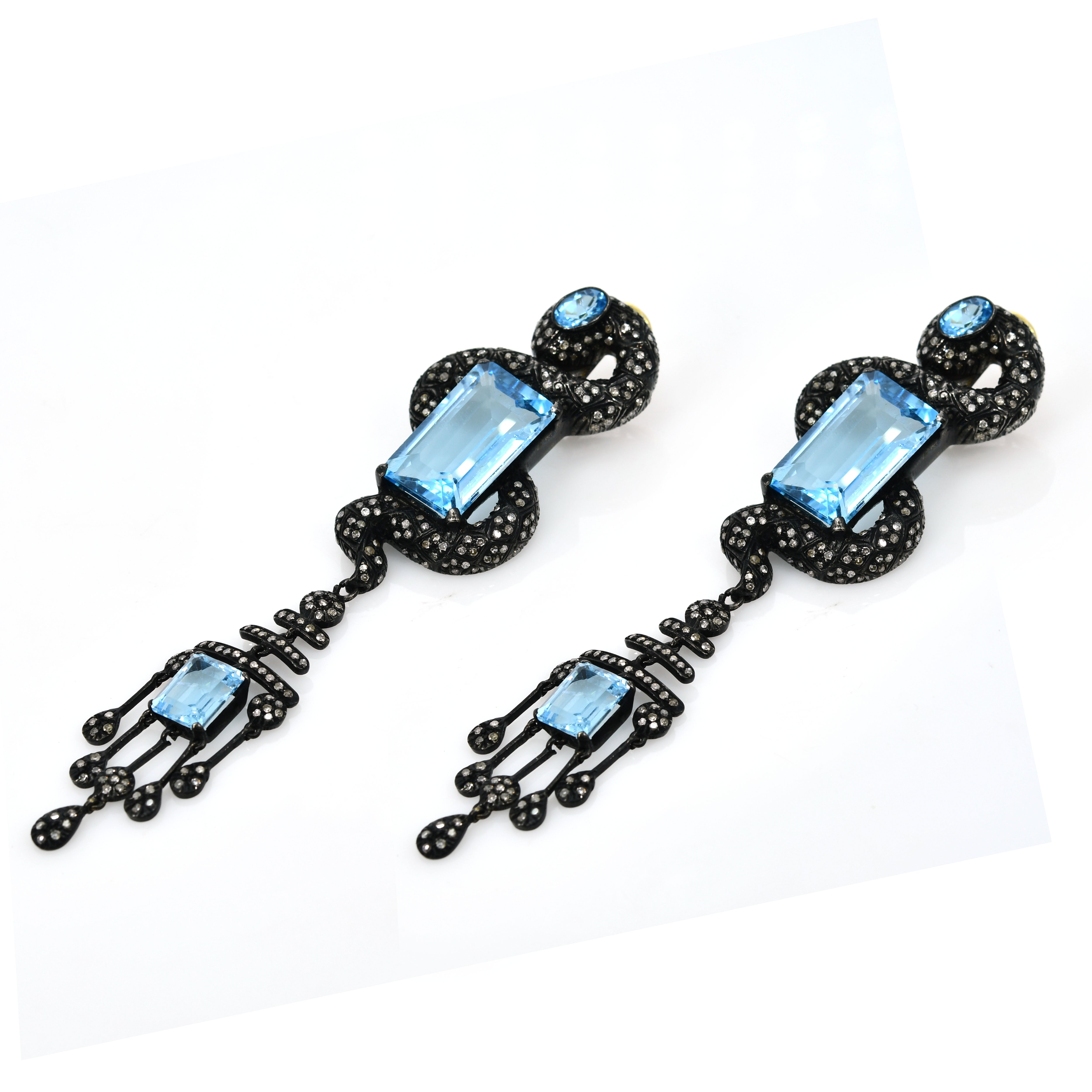 Silver & Gold Long Geometric Blue Topaz Statement Earrings