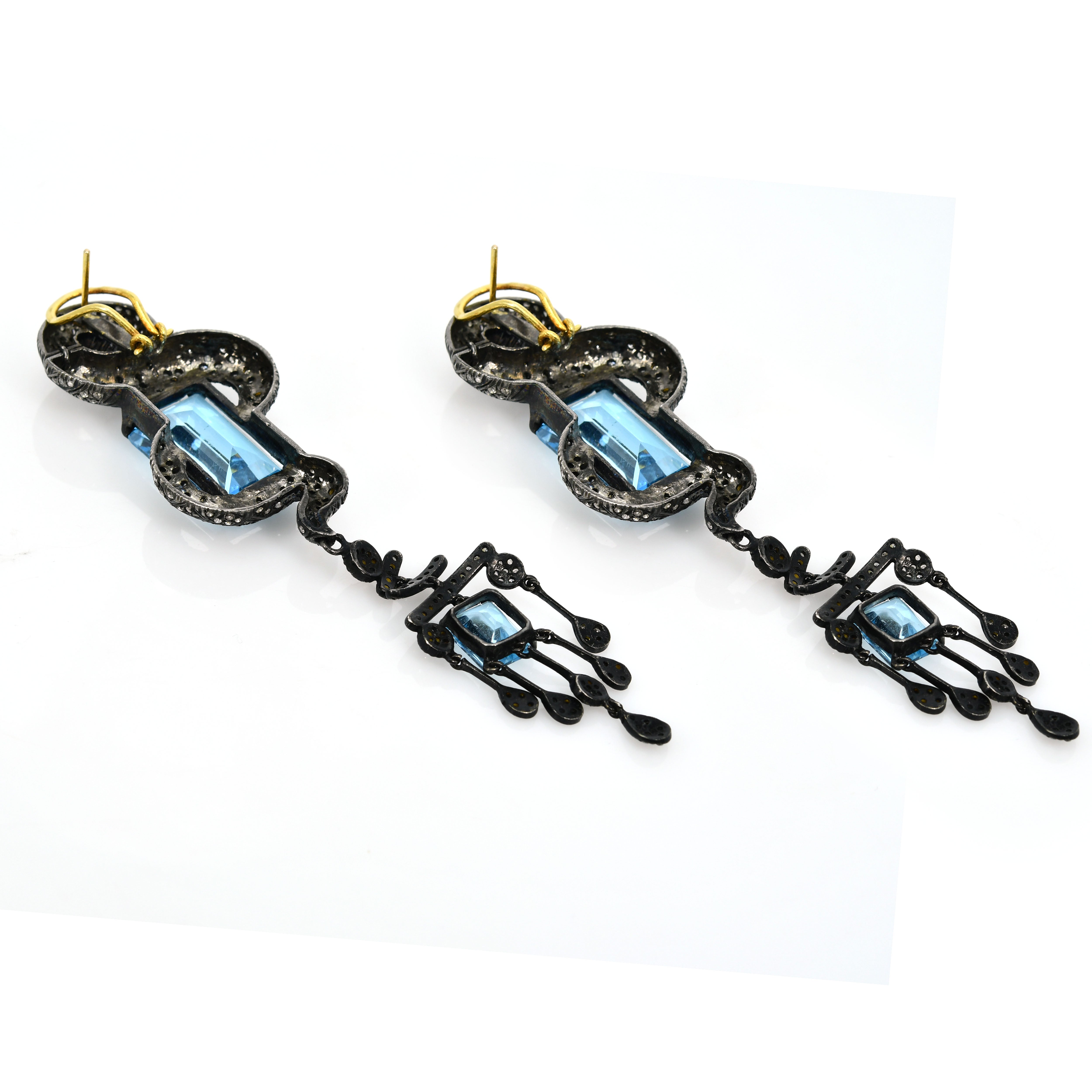 Silver & Gold Long Geometric Blue Topaz Statement Earrings