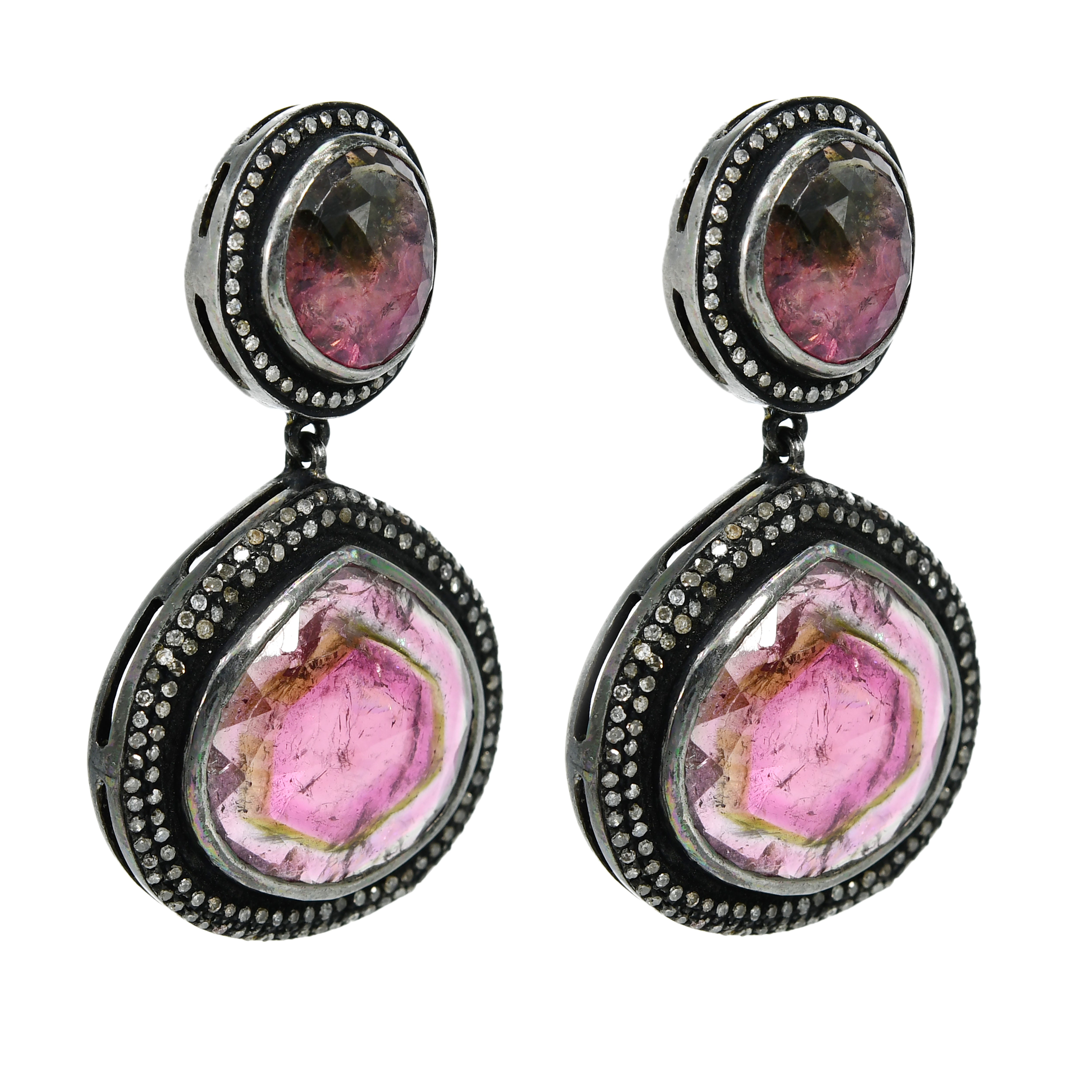 Silver & Gold Watermelon Tourmaline Handmade Dangle Earrings
