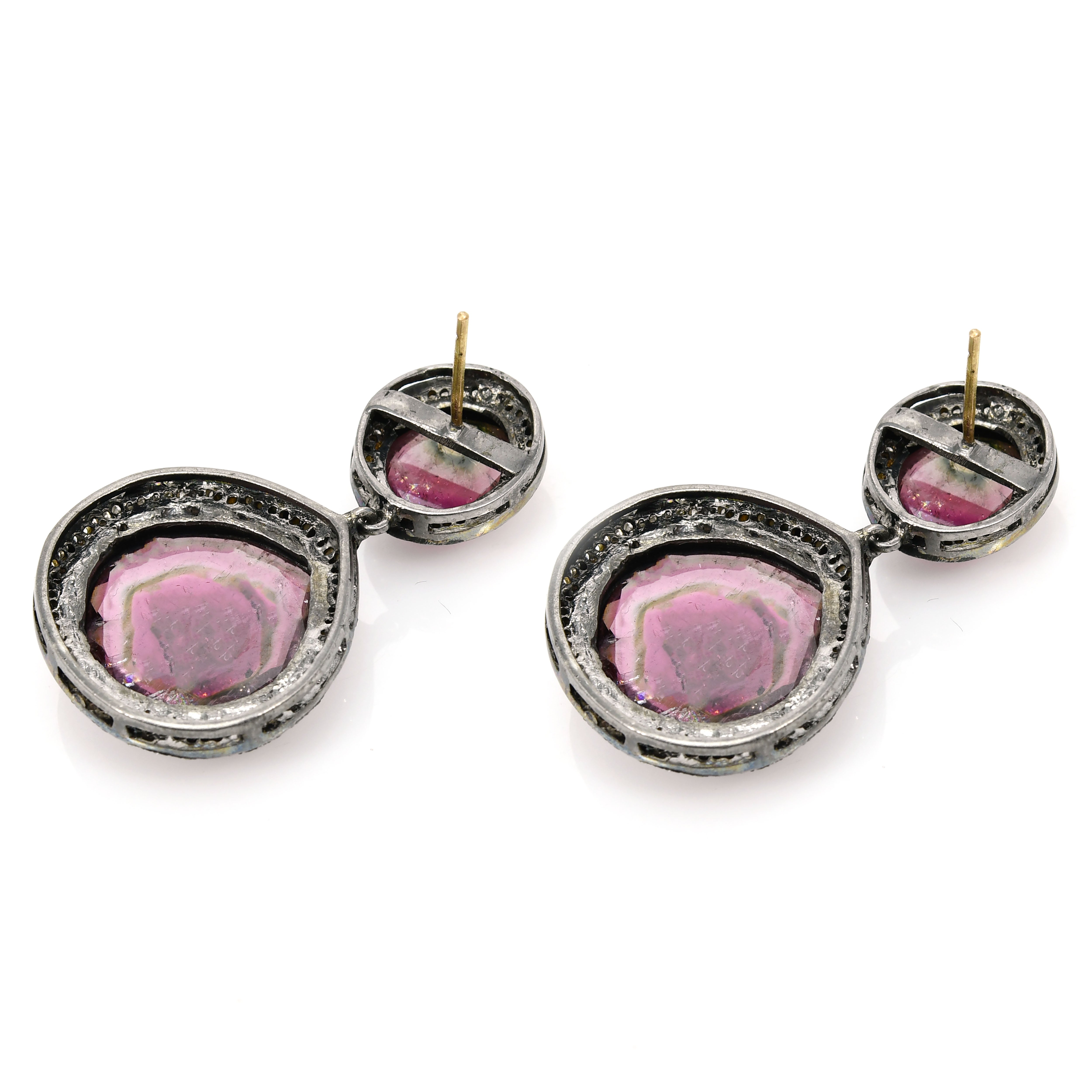 Silver & Gold Watermelon Tourmaline Handmade Dangle Earrings
