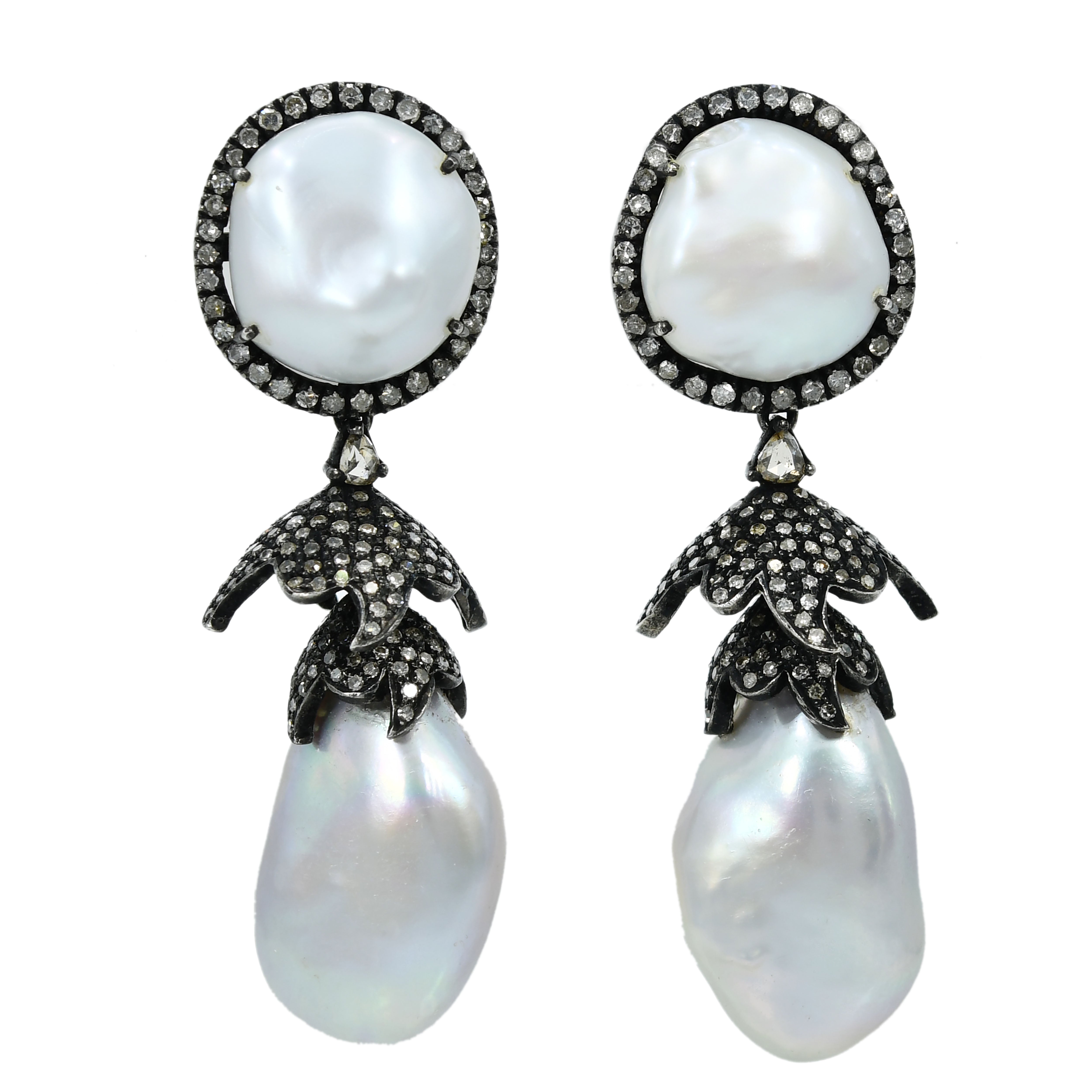 14k Yellow Gold Natural Pearl & Diamond Teardrop Earrings