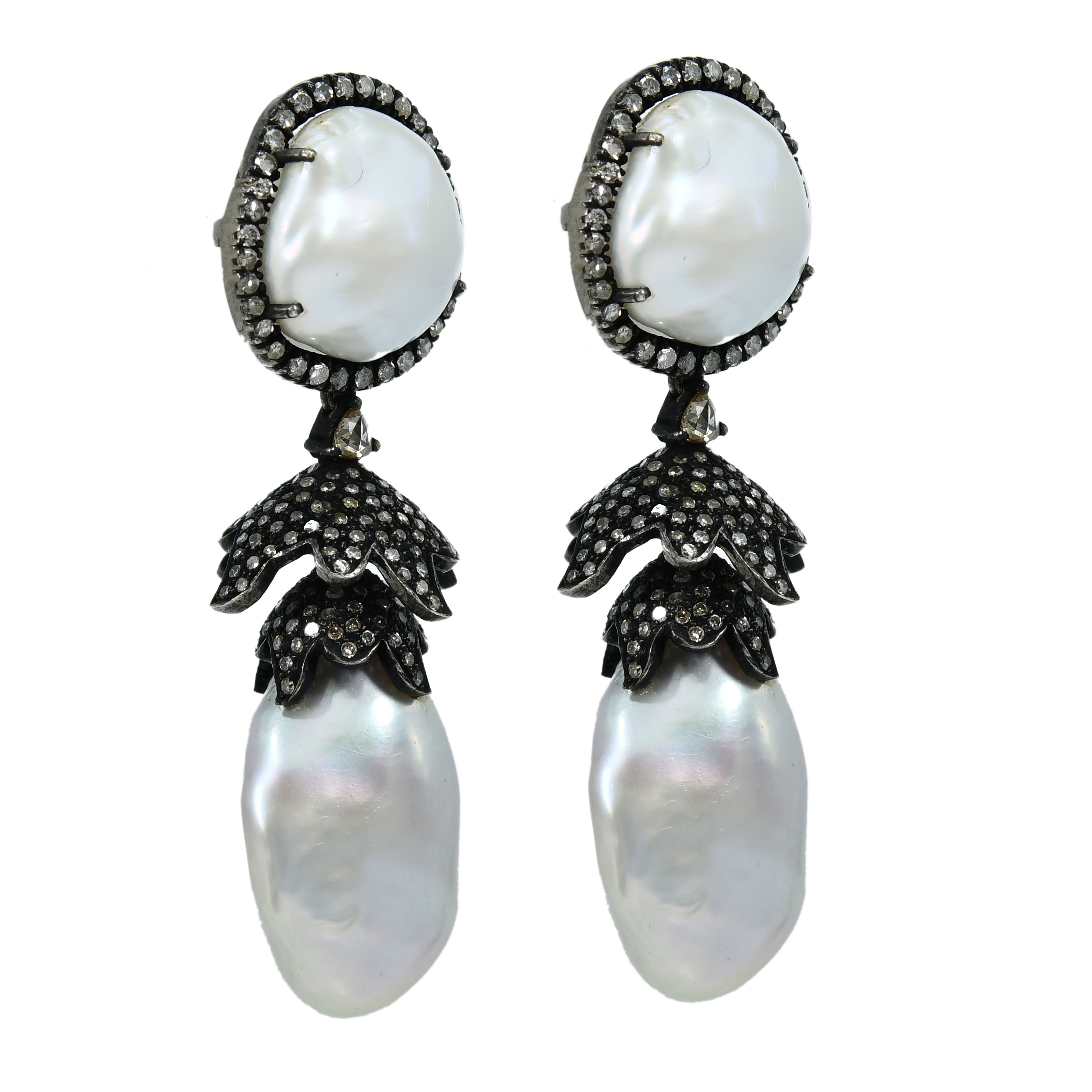 14k Yellow Gold Natural Pearl & Diamond Teardrop Earrings