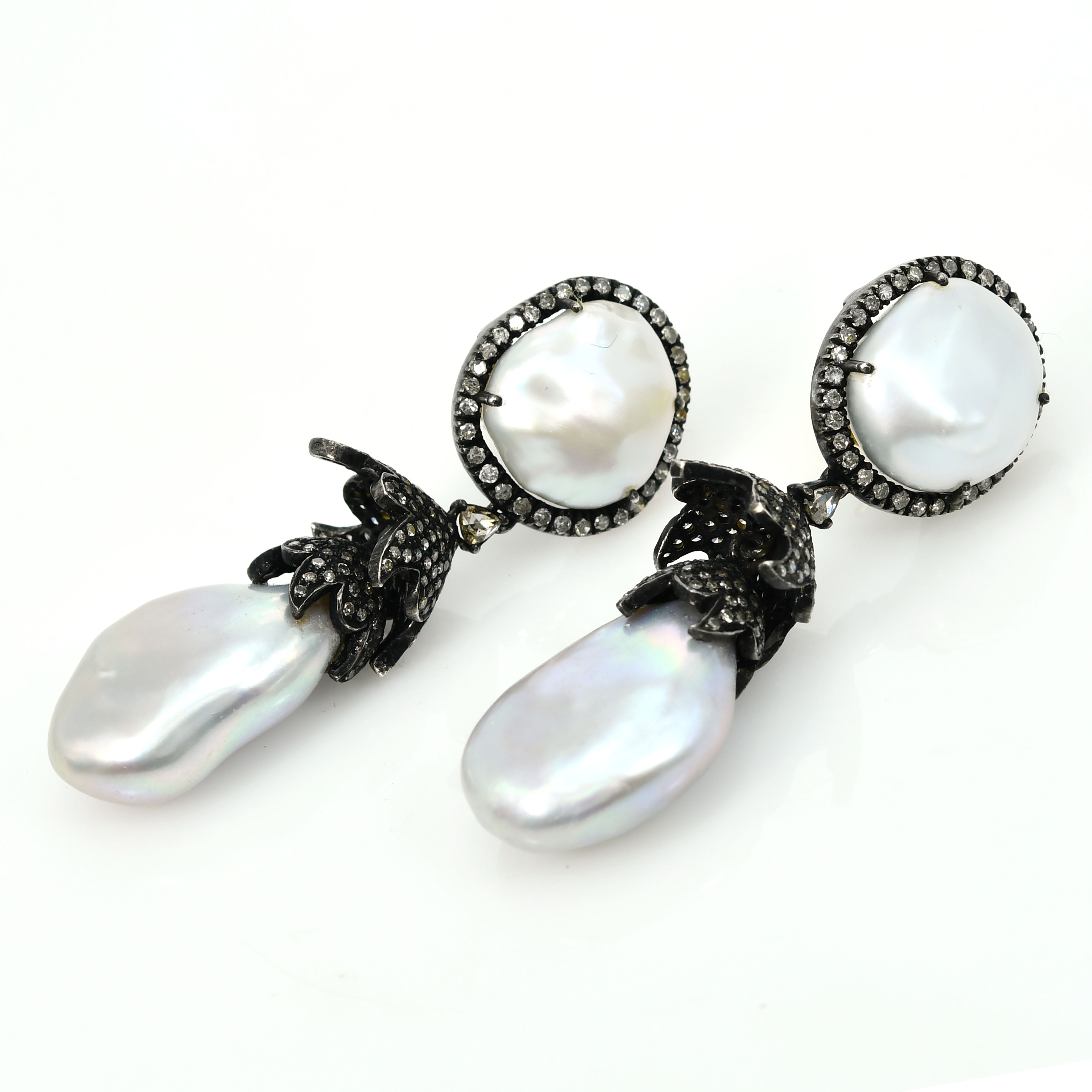 14k Yellow Gold Natural Pearl & Diamond Teardrop Earrings