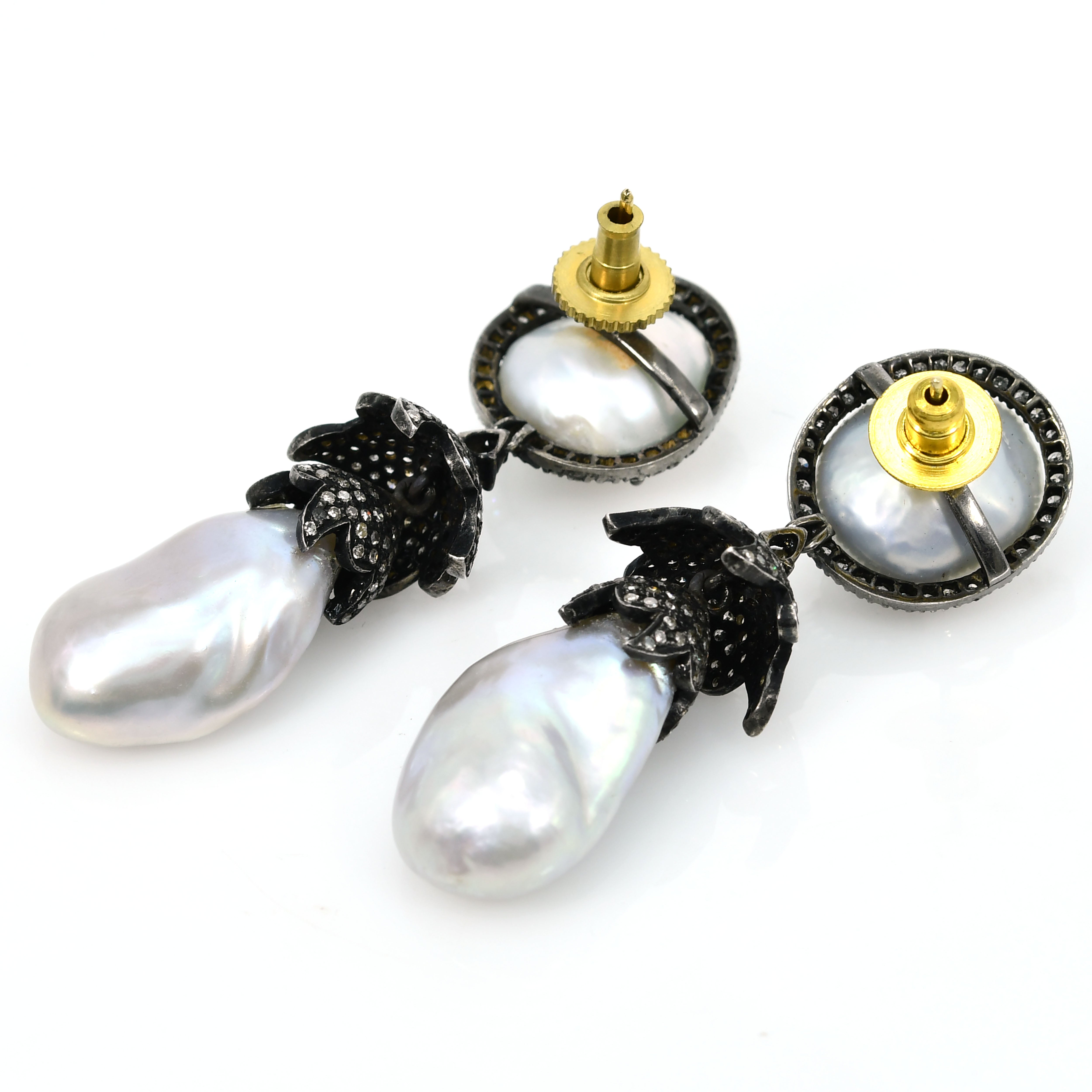 14k Yellow Gold Natural Pearl & Diamond Teardrop Earrings