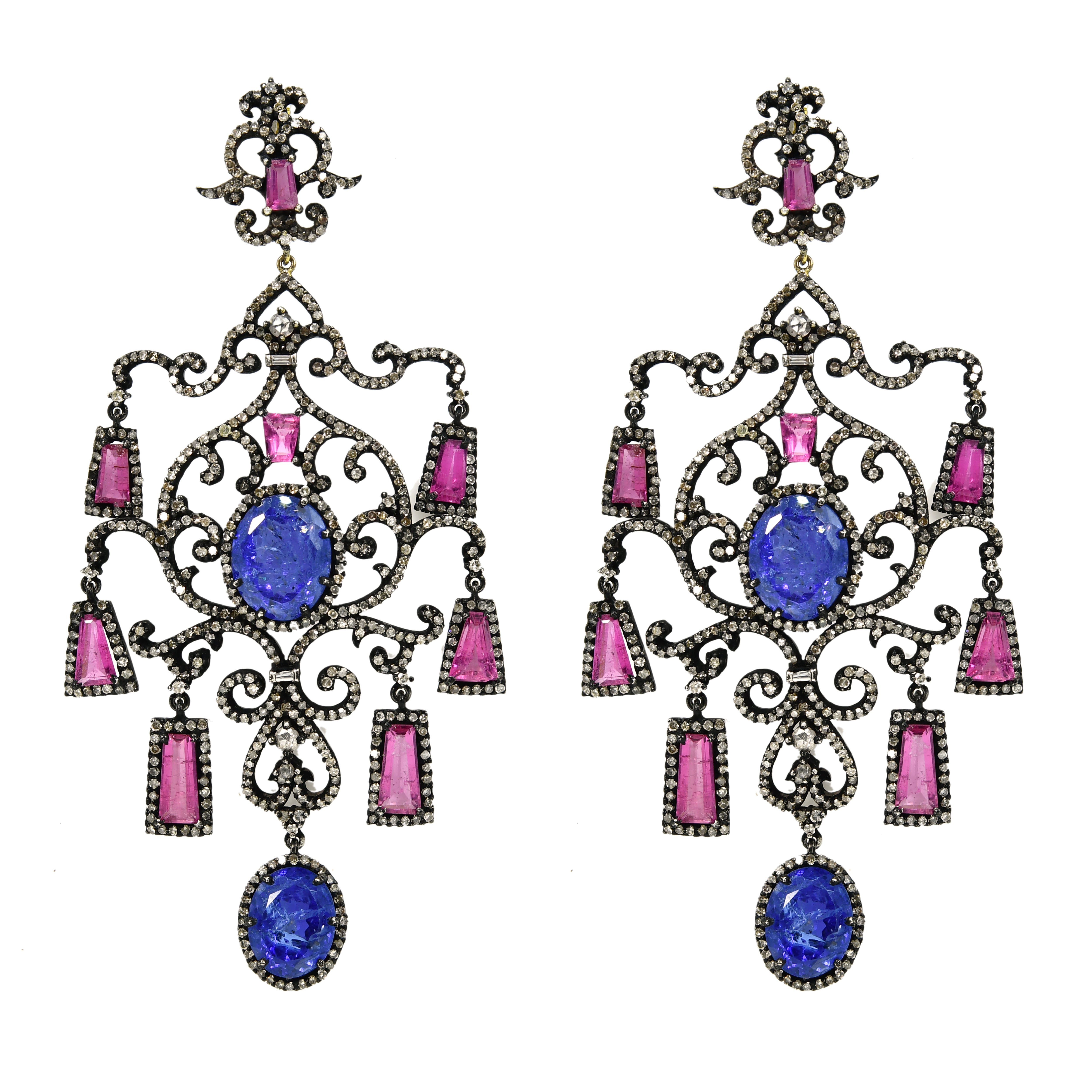 14k Yellow Gold Tanzanite & Pink Tourmaline Victorian Earrings (Rose-Cut Diamond)