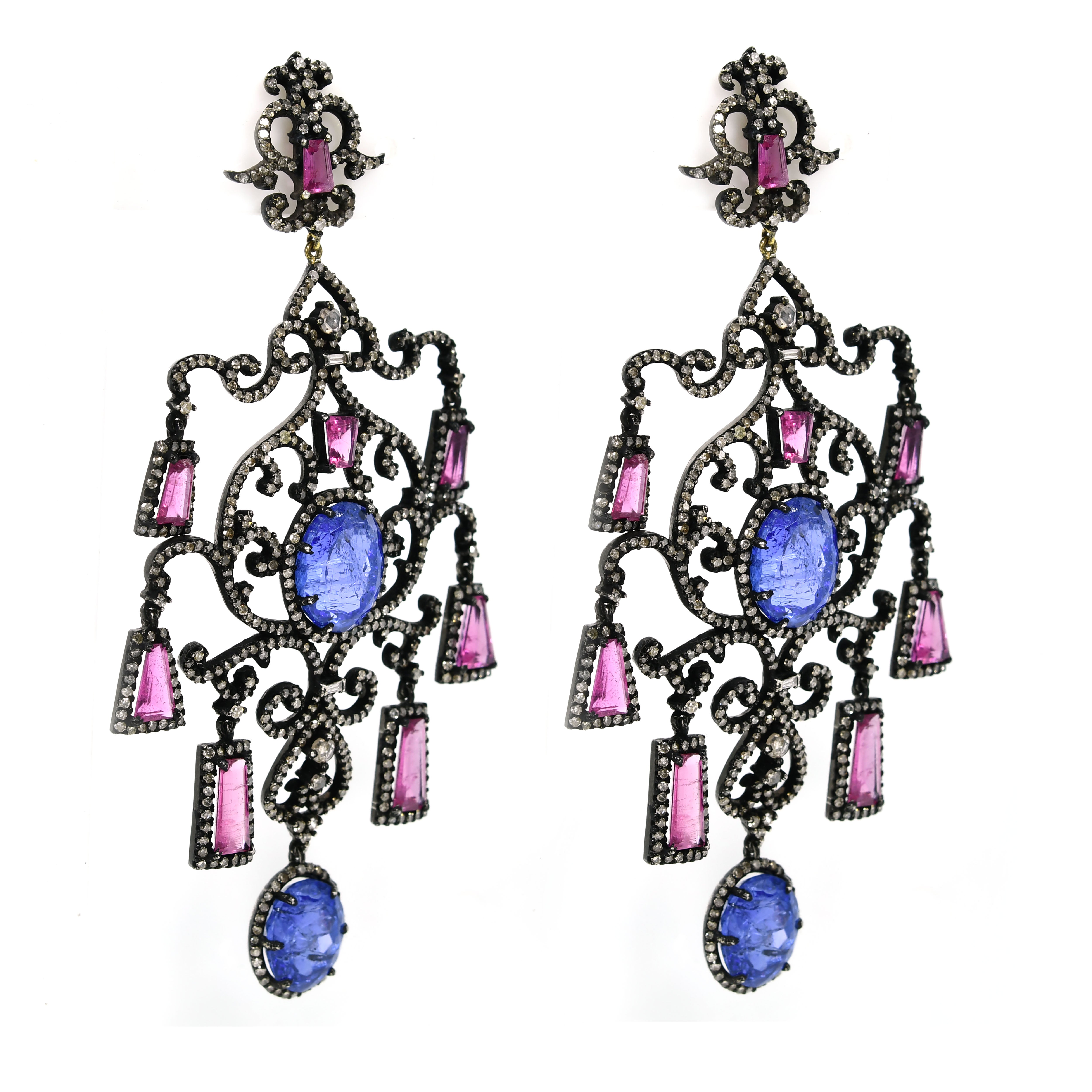14k Yellow Gold Tanzanite & Pink Tourmaline Victorian Earrings (Rose-Cut Diamond)