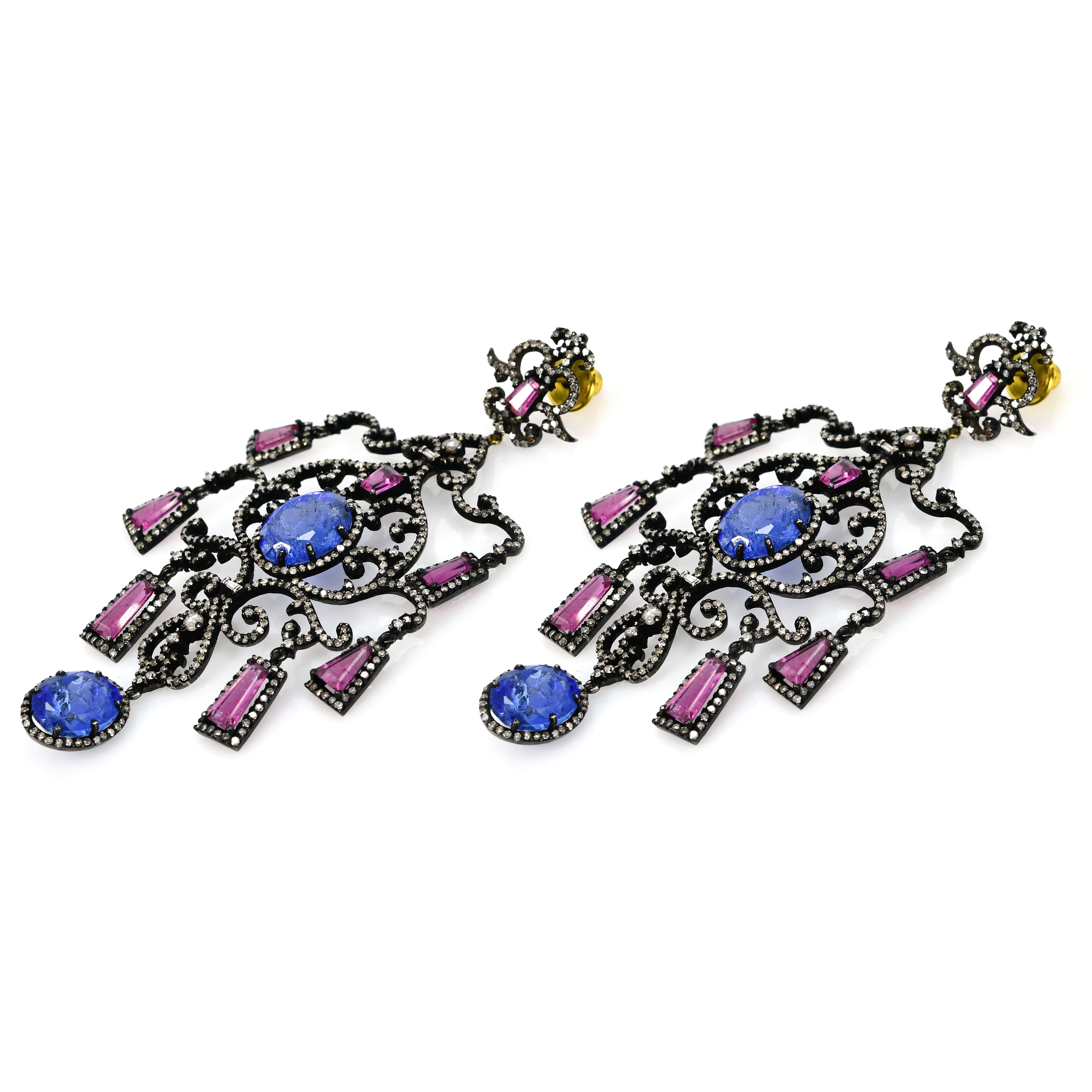 14k Yellow Gold Tanzanite & Pink Tourmaline Victorian Earrings (Rose-Cut Diamond)