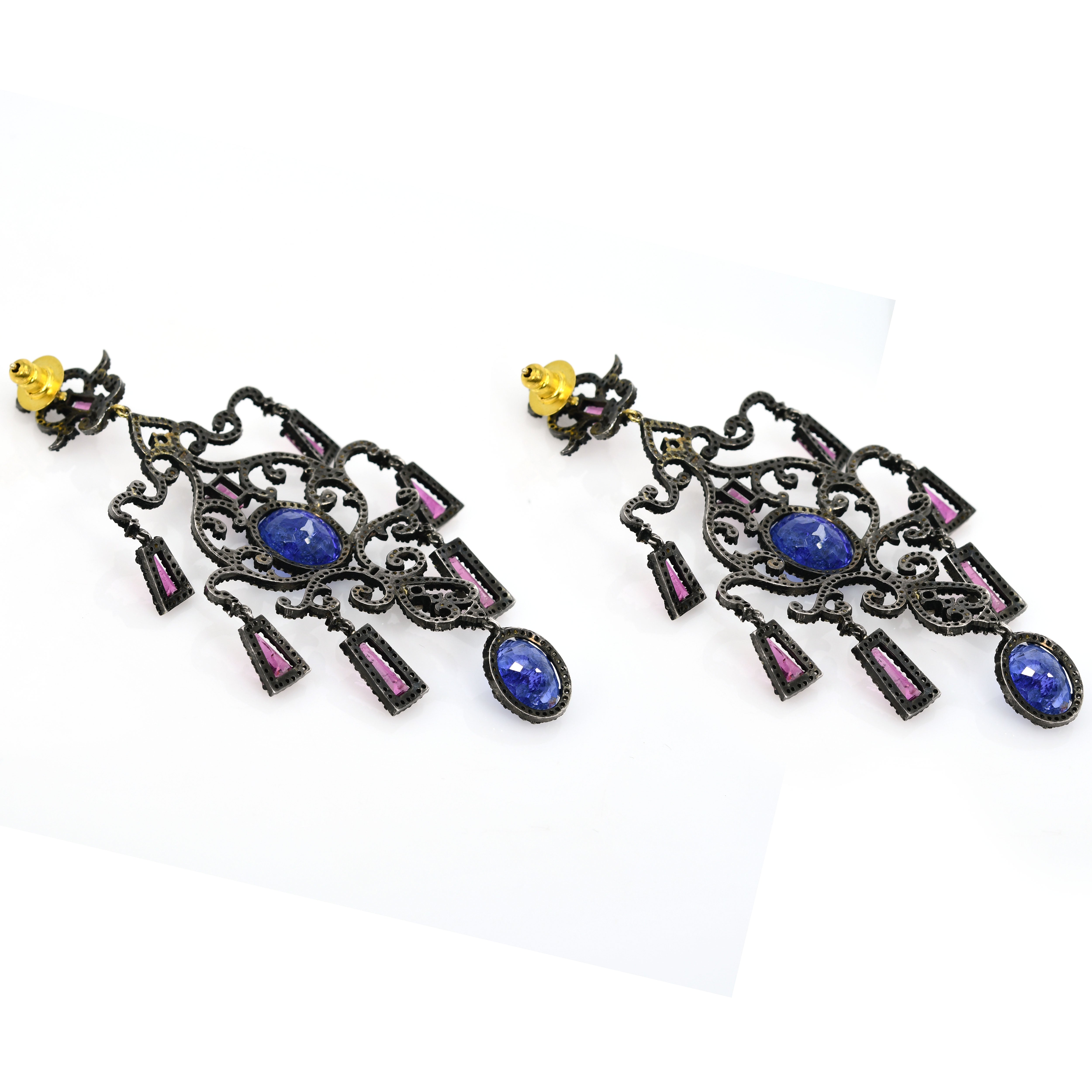 14k Yellow Gold Tanzanite & Pink Tourmaline Victorian Earrings (Rose-Cut Diamond)