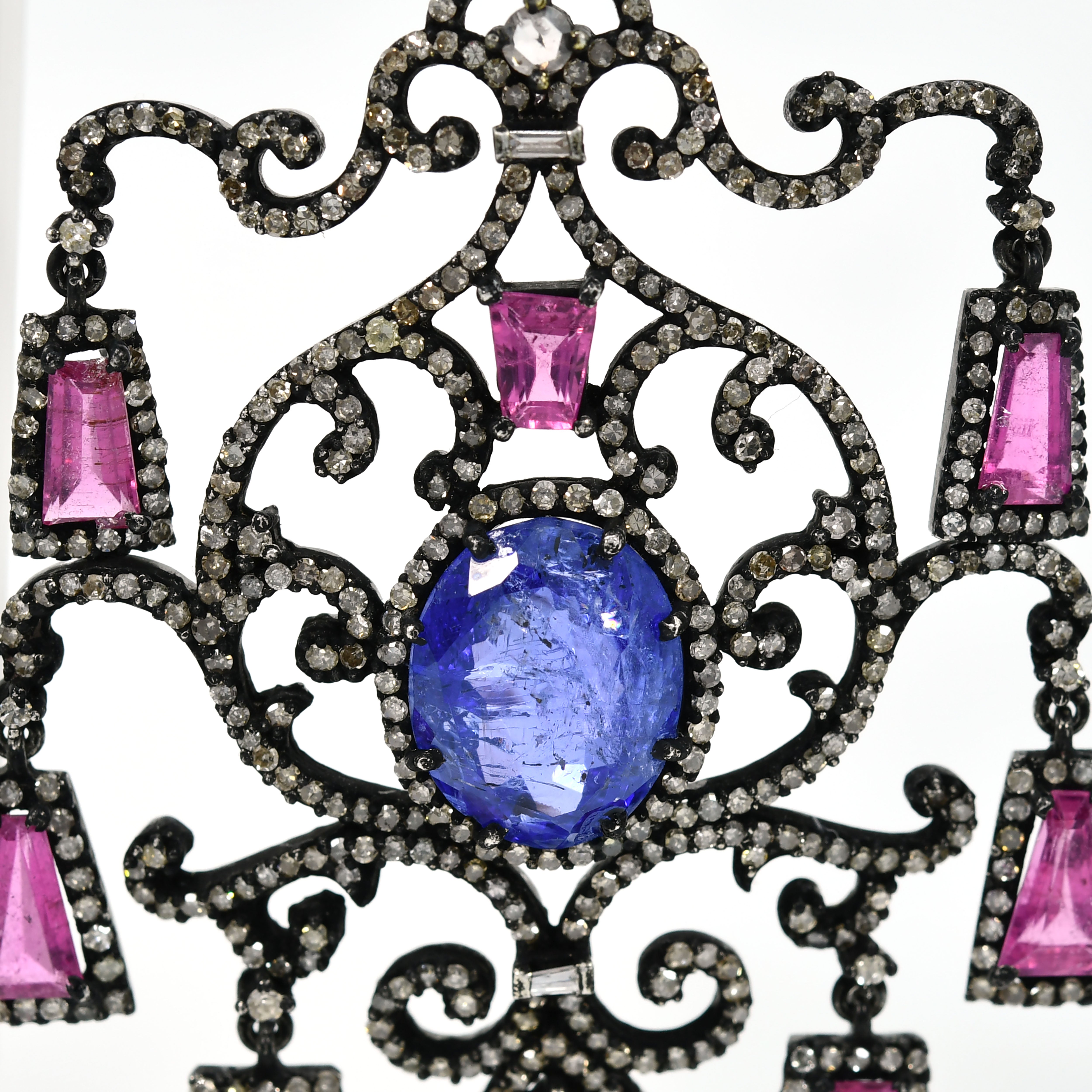 14k Yellow Gold Tanzanite & Pink Tourmaline Victorian Earrings (Rose-Cut Diamond)