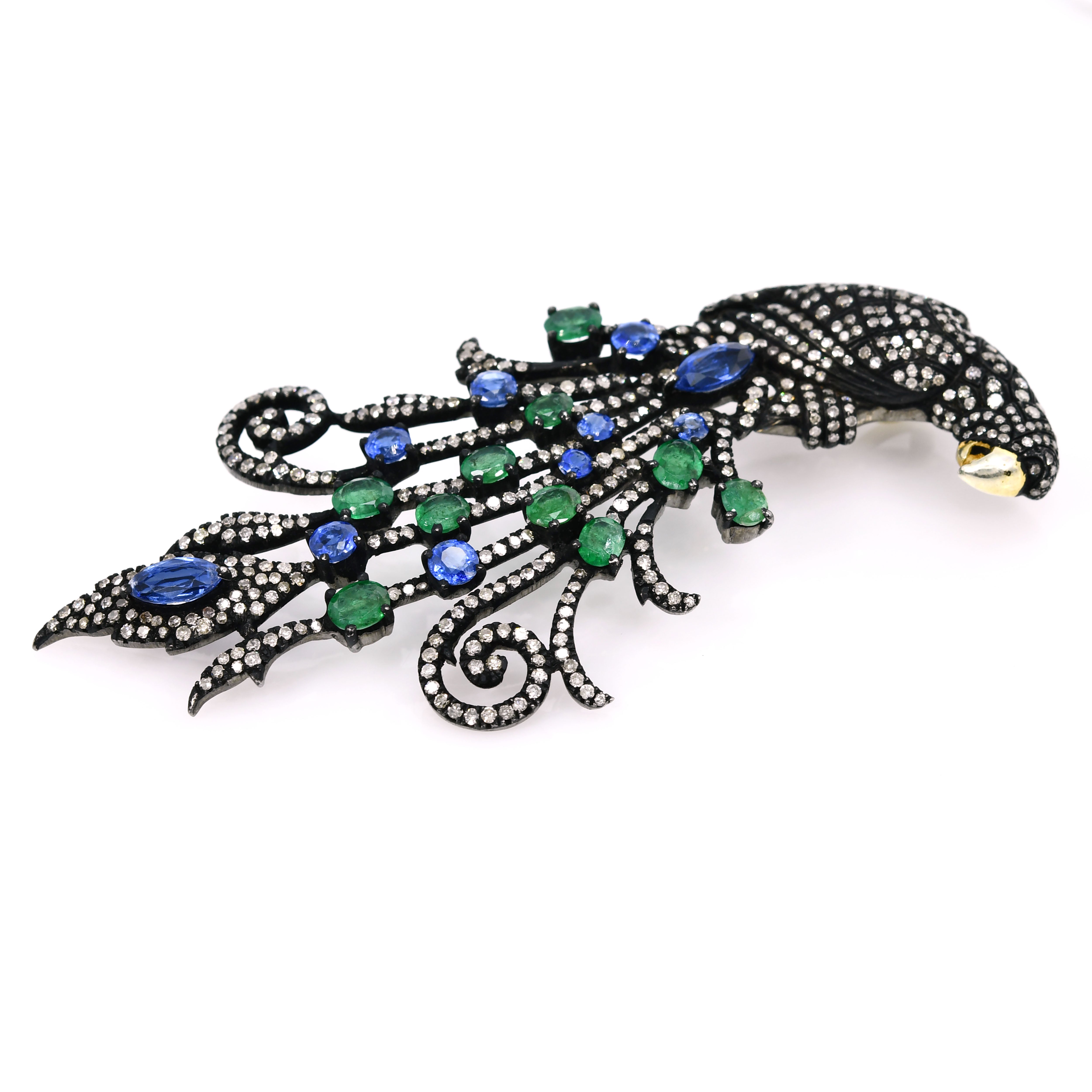 Yellow Gold & Silver Victorian Peacock Pendant-Brooch with Emerald, Tanzanite & Diamonds