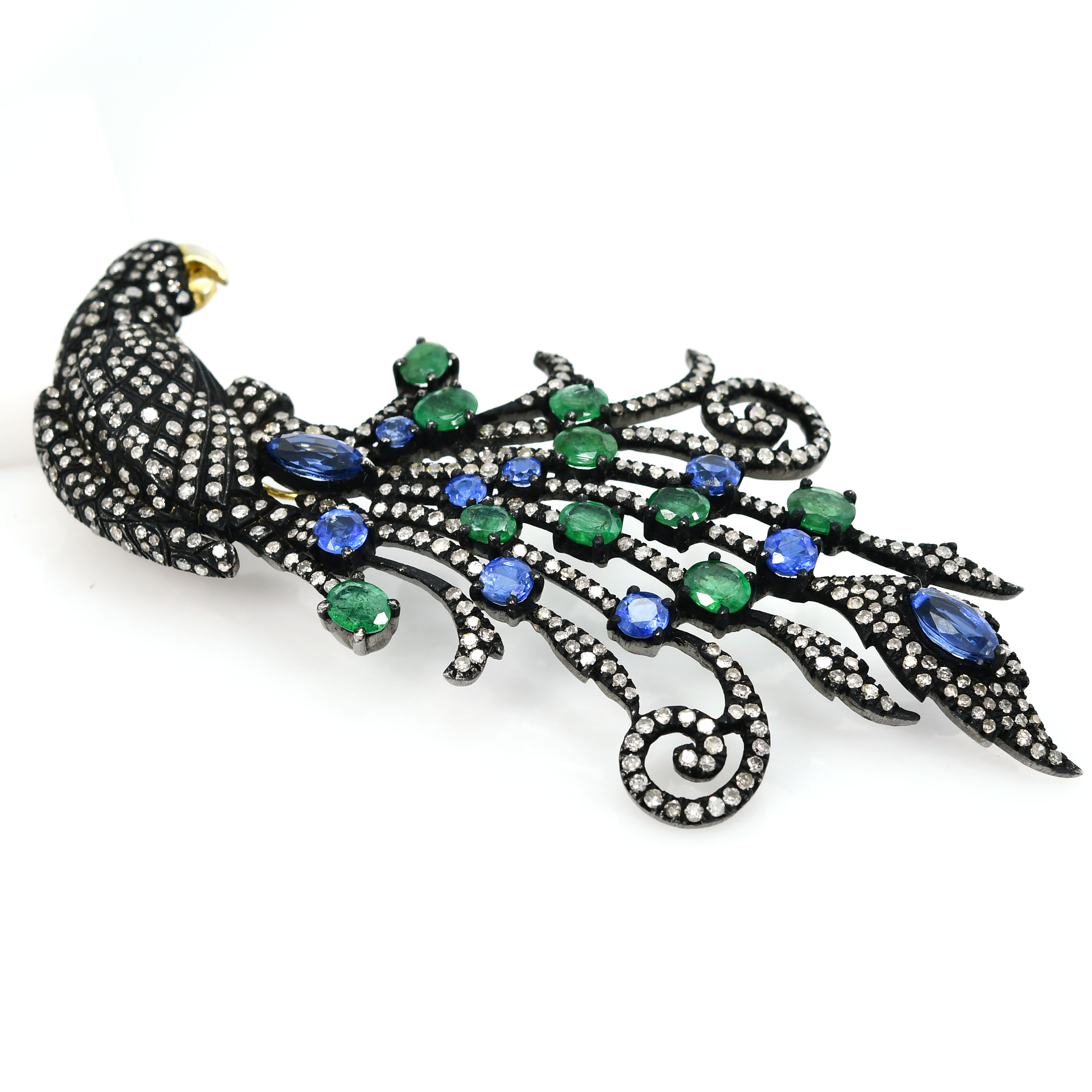 Yellow Gold & Silver Victorian Peacock Pendant-Brooch with Emerald, Tanzanite & Diamonds