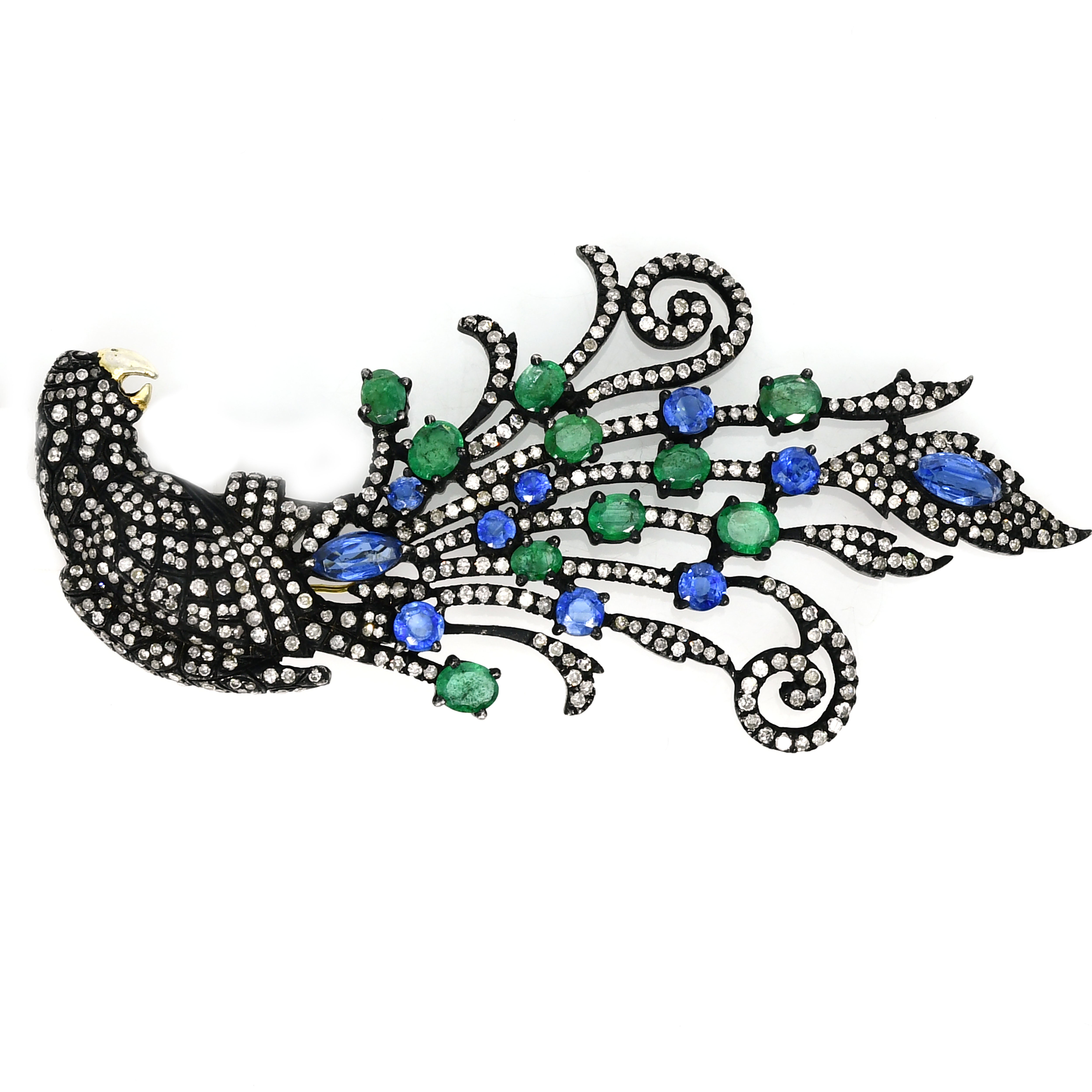 Yellow Gold & Silver Victorian Peacock Pendant-Brooch with Emerald, Tanzanite & Diamonds