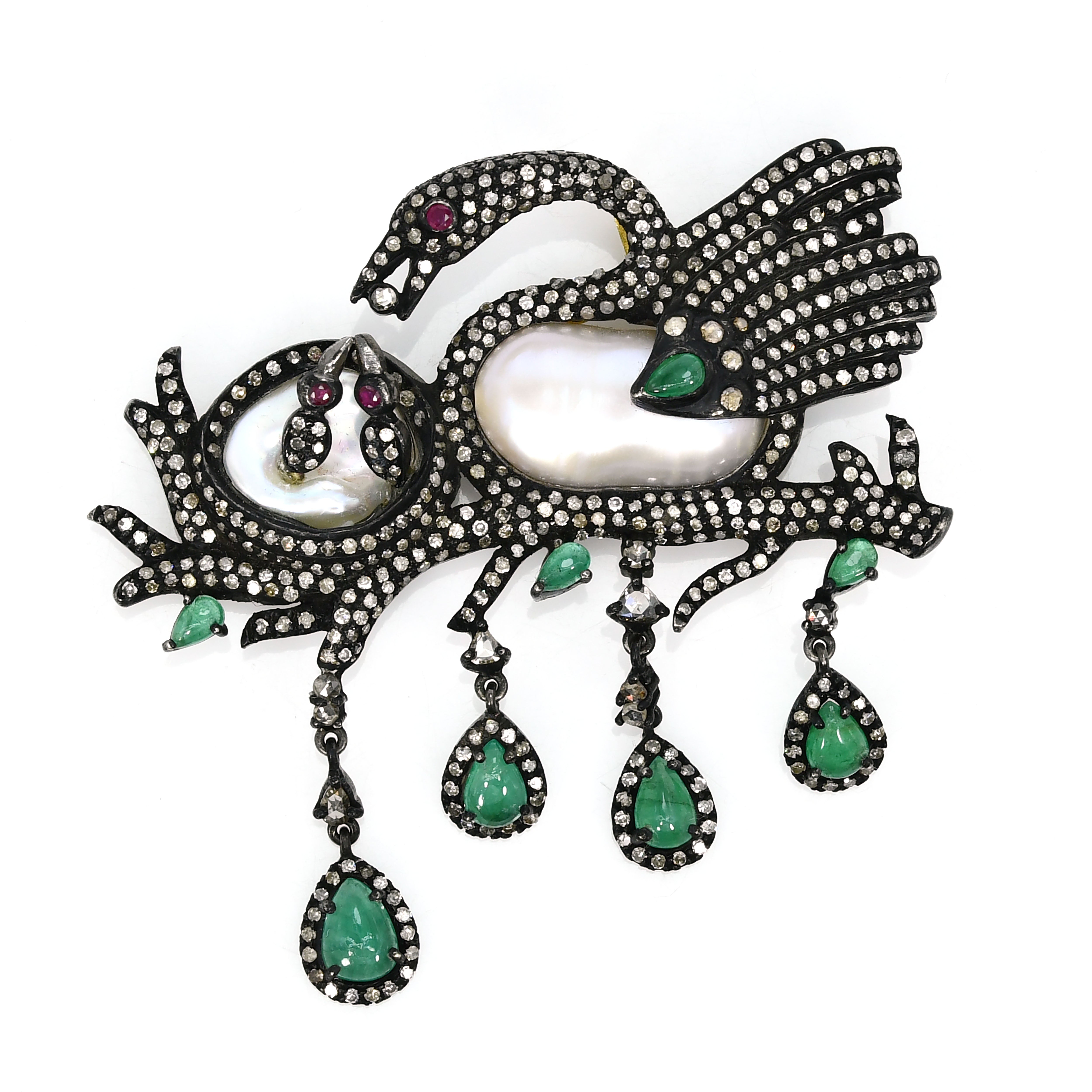 Victorian Siberian Crane Pendant-Brooch with Emerald, Ruby, Pearls & Diamonds
