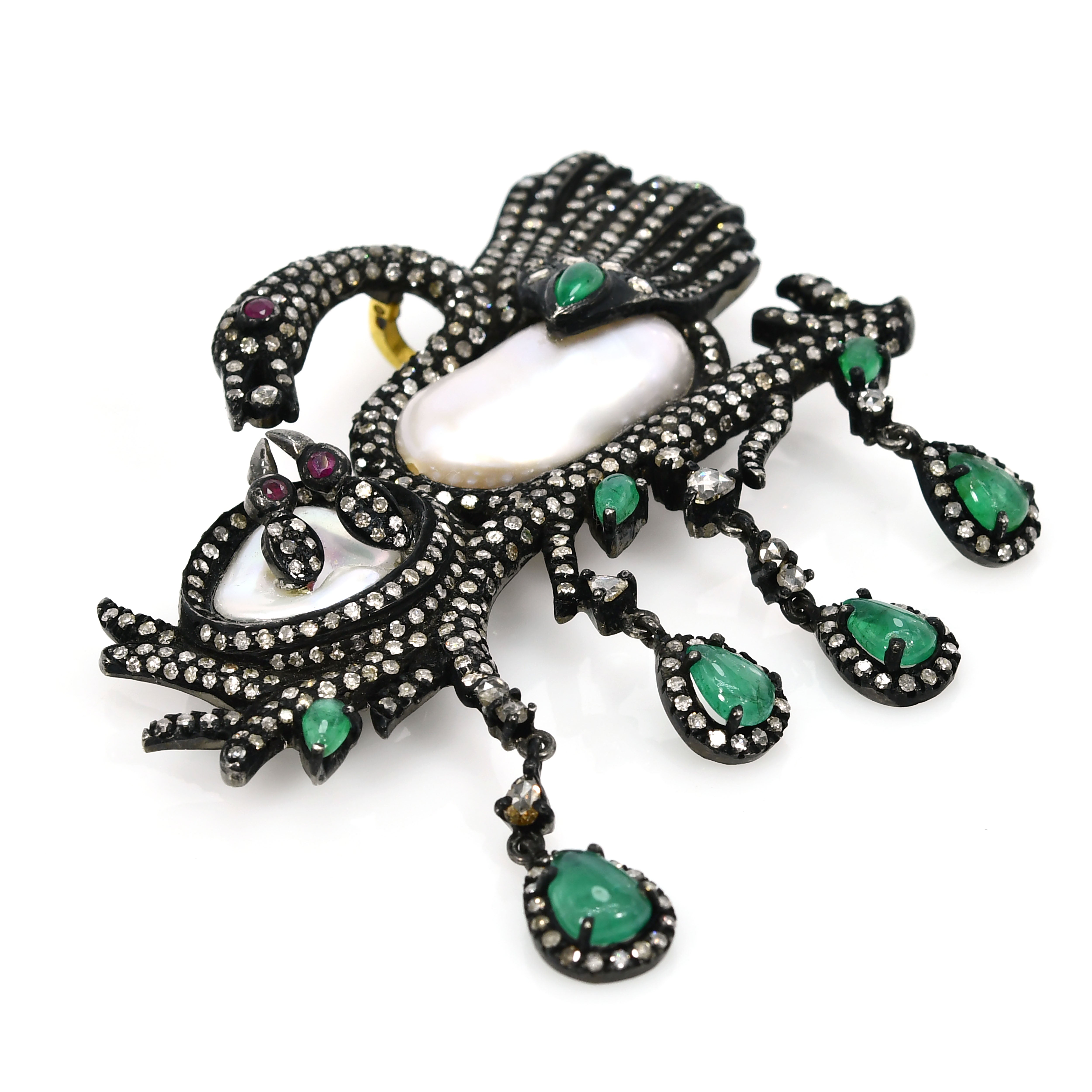 Victorian Siberian Crane Pendant-Brooch with Emerald, Ruby, Pearls & Diamonds