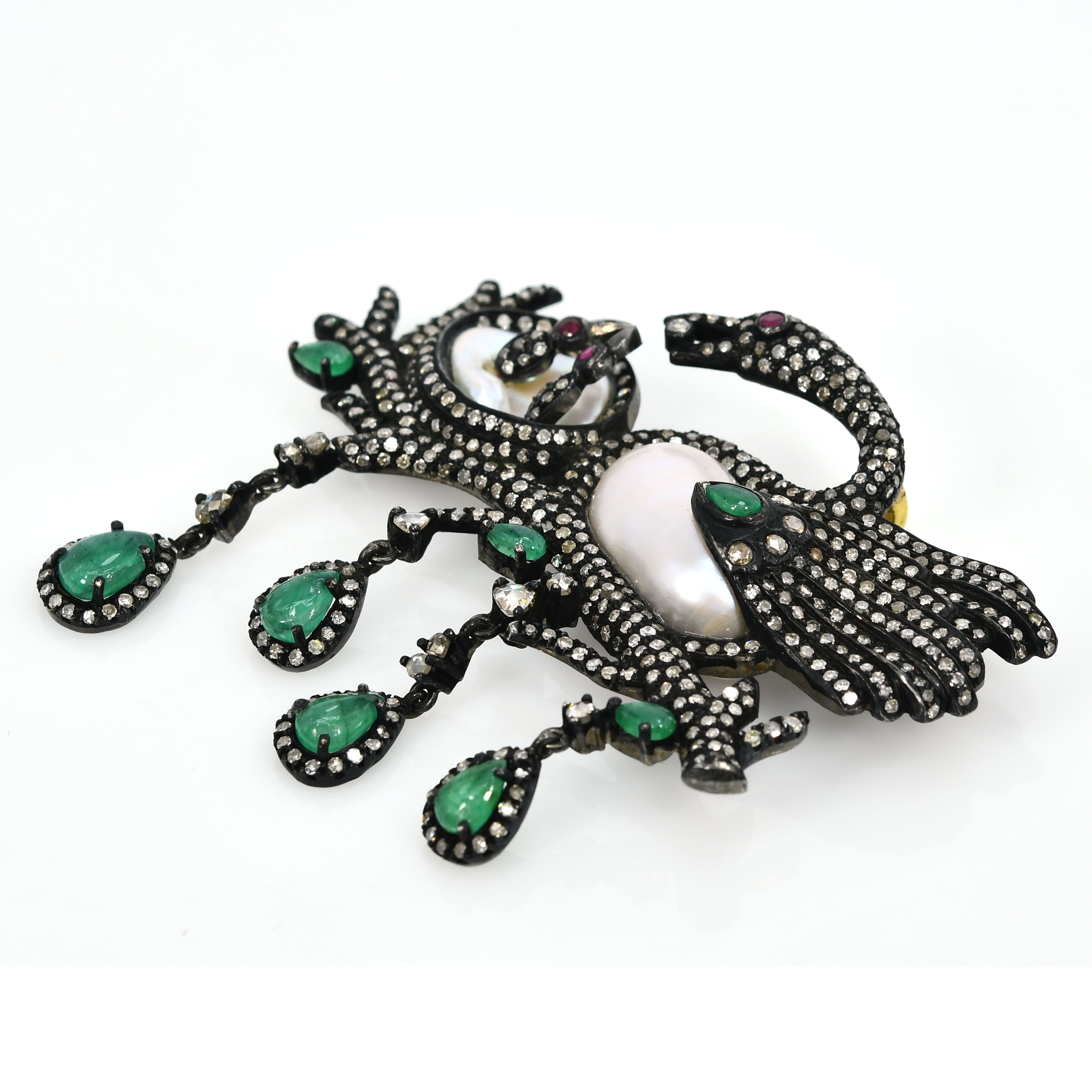 Victorian Siberian Crane Pendant-Brooch with Emerald, Ruby, Pearls & Diamonds