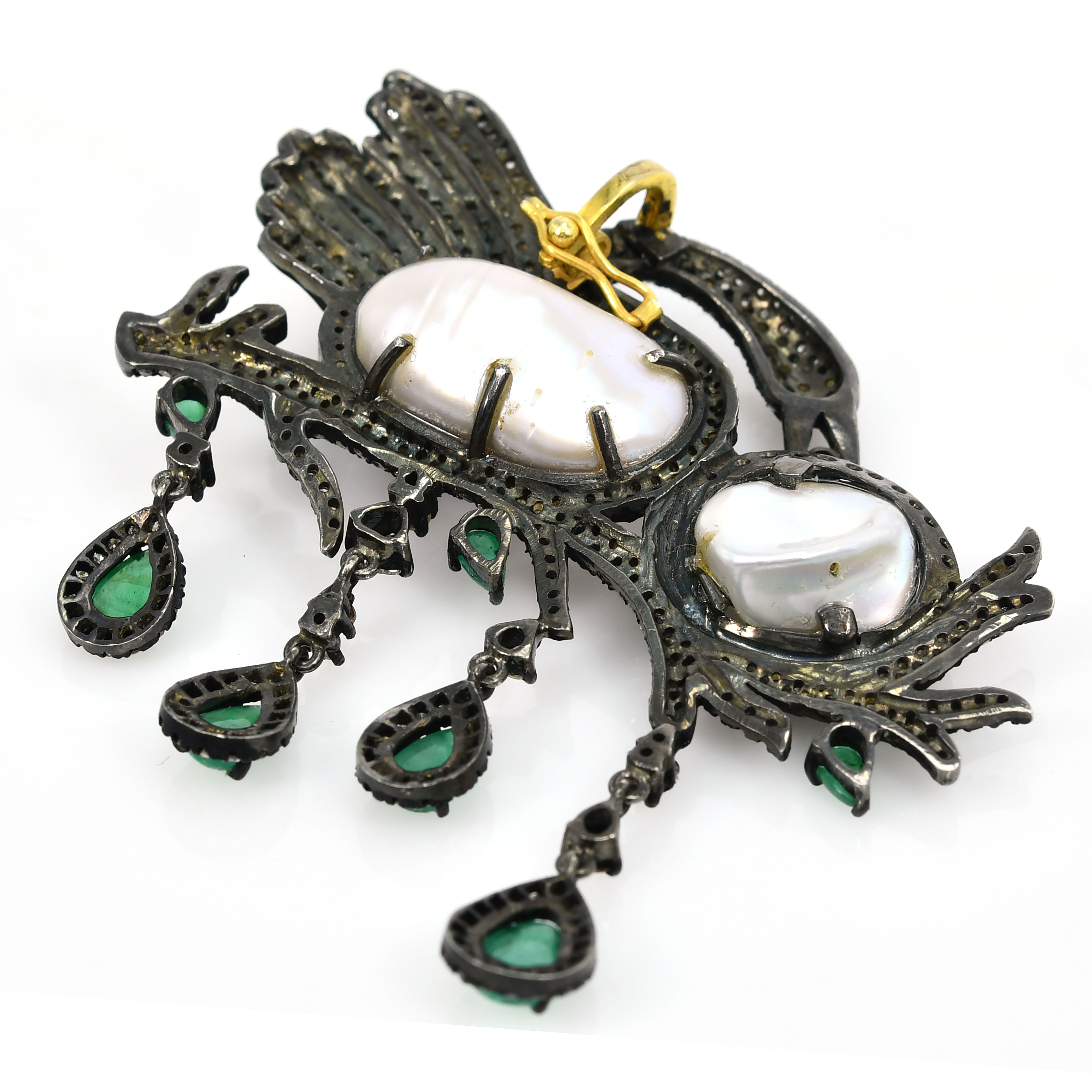 Victorian Siberian Crane Pendant-Brooch with Emerald, Ruby, Pearls & Diamonds