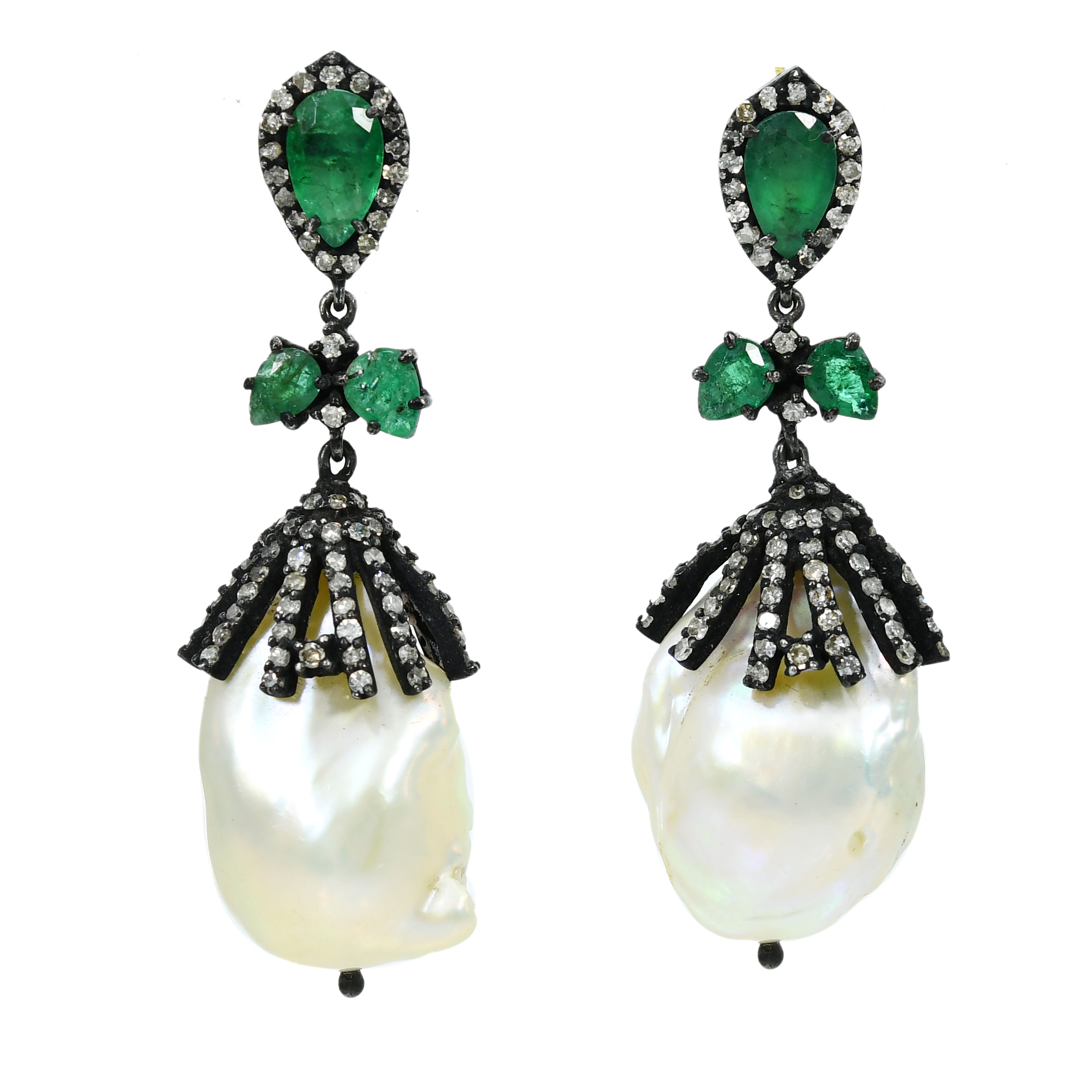 14k Yellow Gold Emerald & Pearl Triangle Drop Earrings