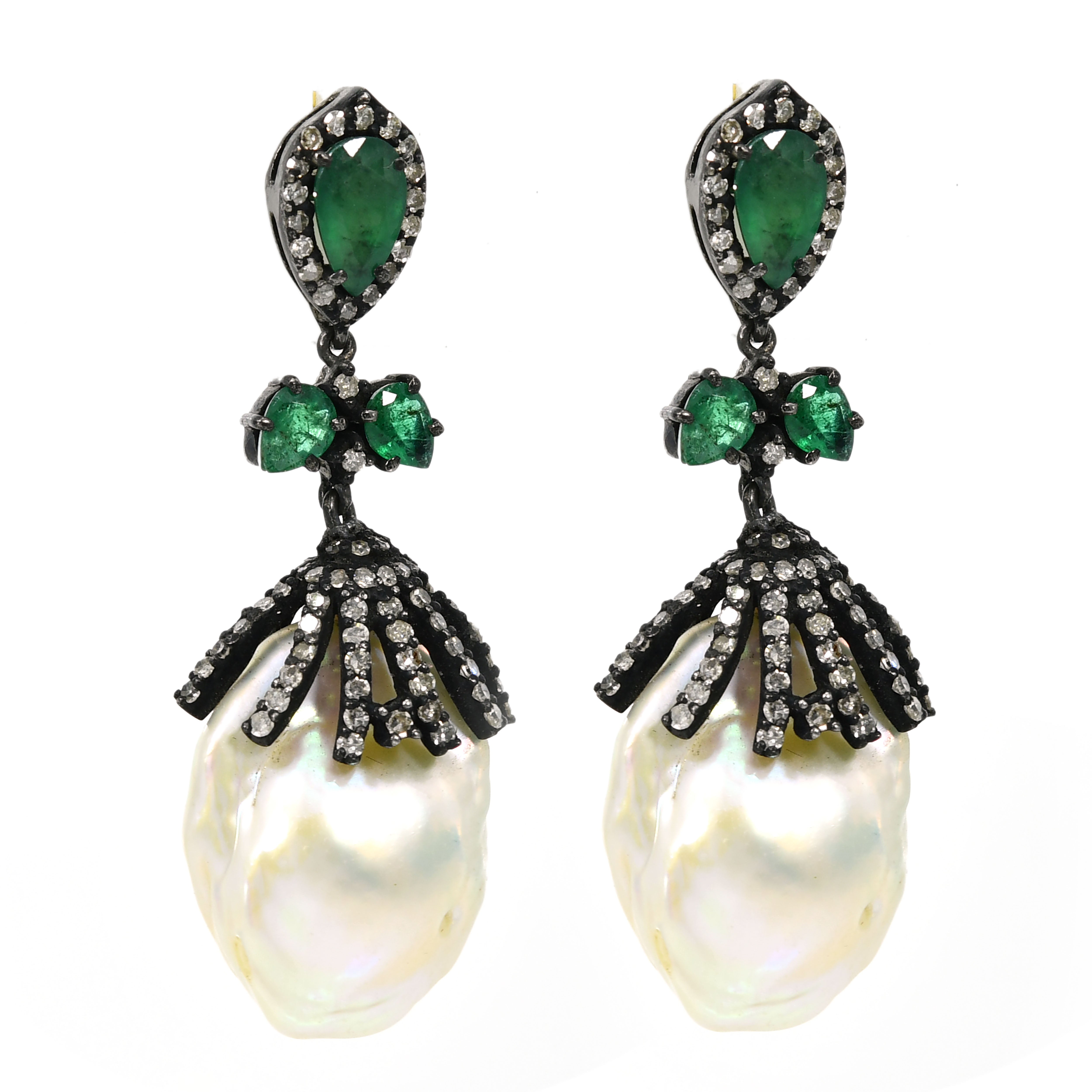 14k Yellow Gold Emerald & Pearl Triangle Drop Earrings