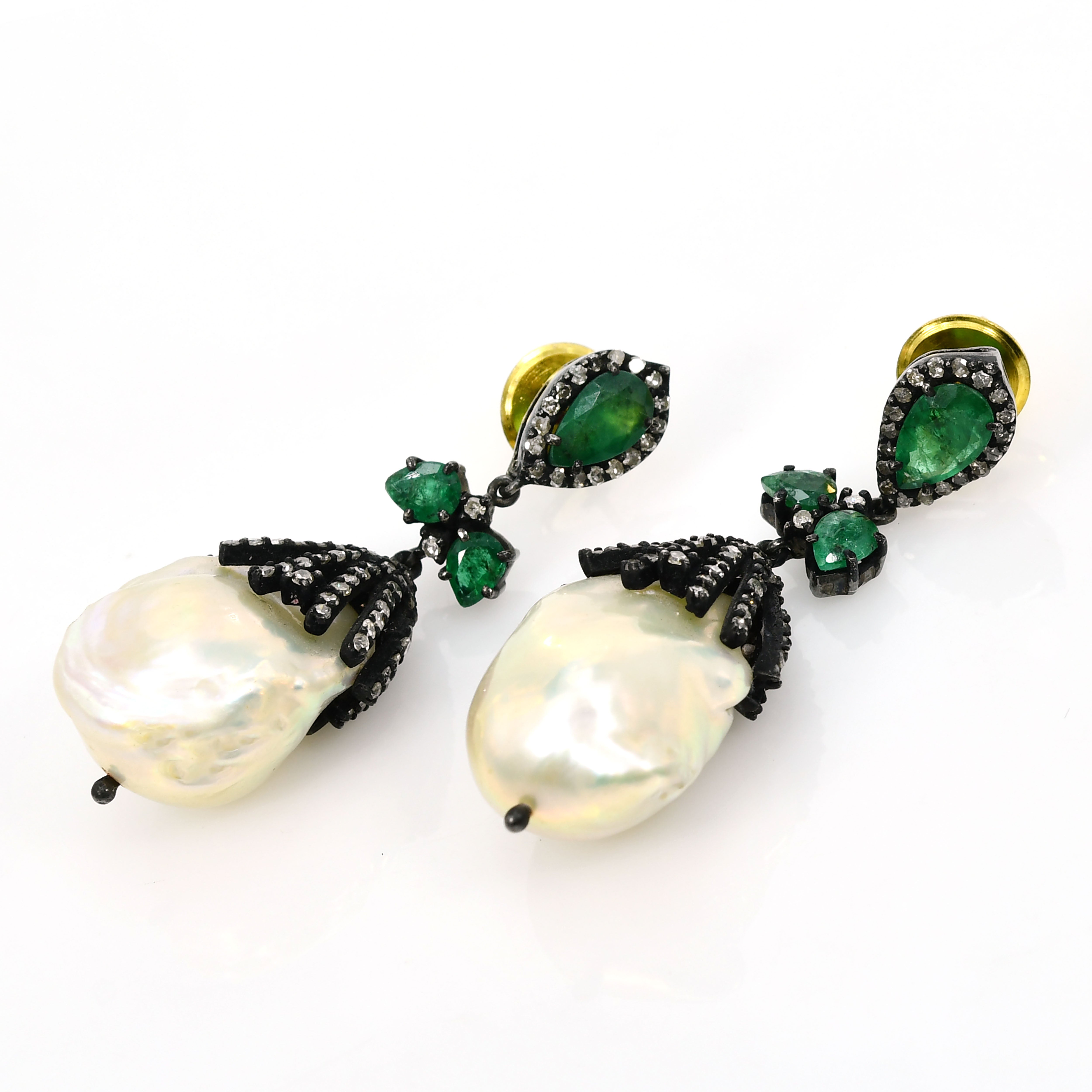 14k Yellow Gold Emerald & Pearl Triangle Drop Earrings