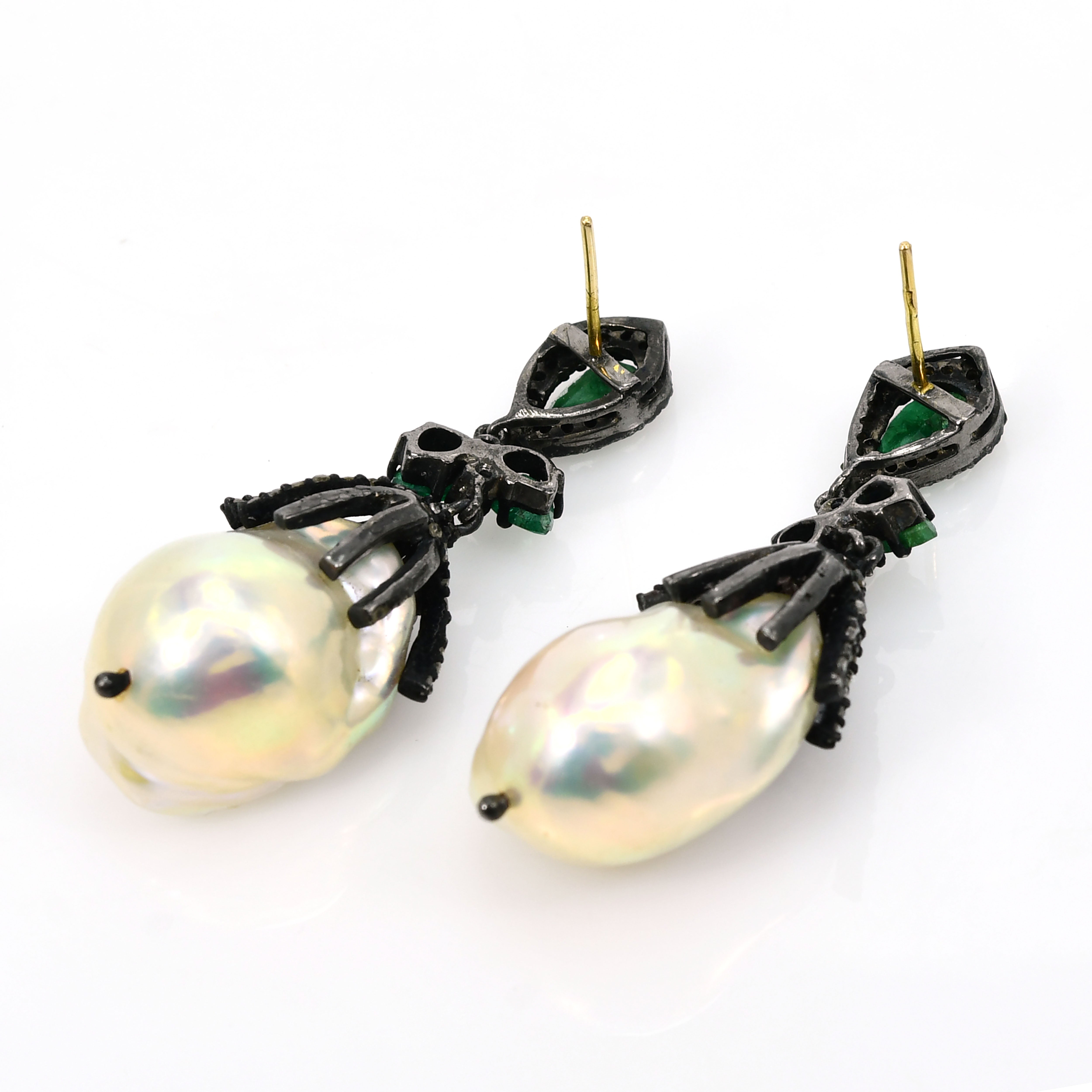 14k Yellow Gold Emerald & Pearl Triangle Drop Earrings