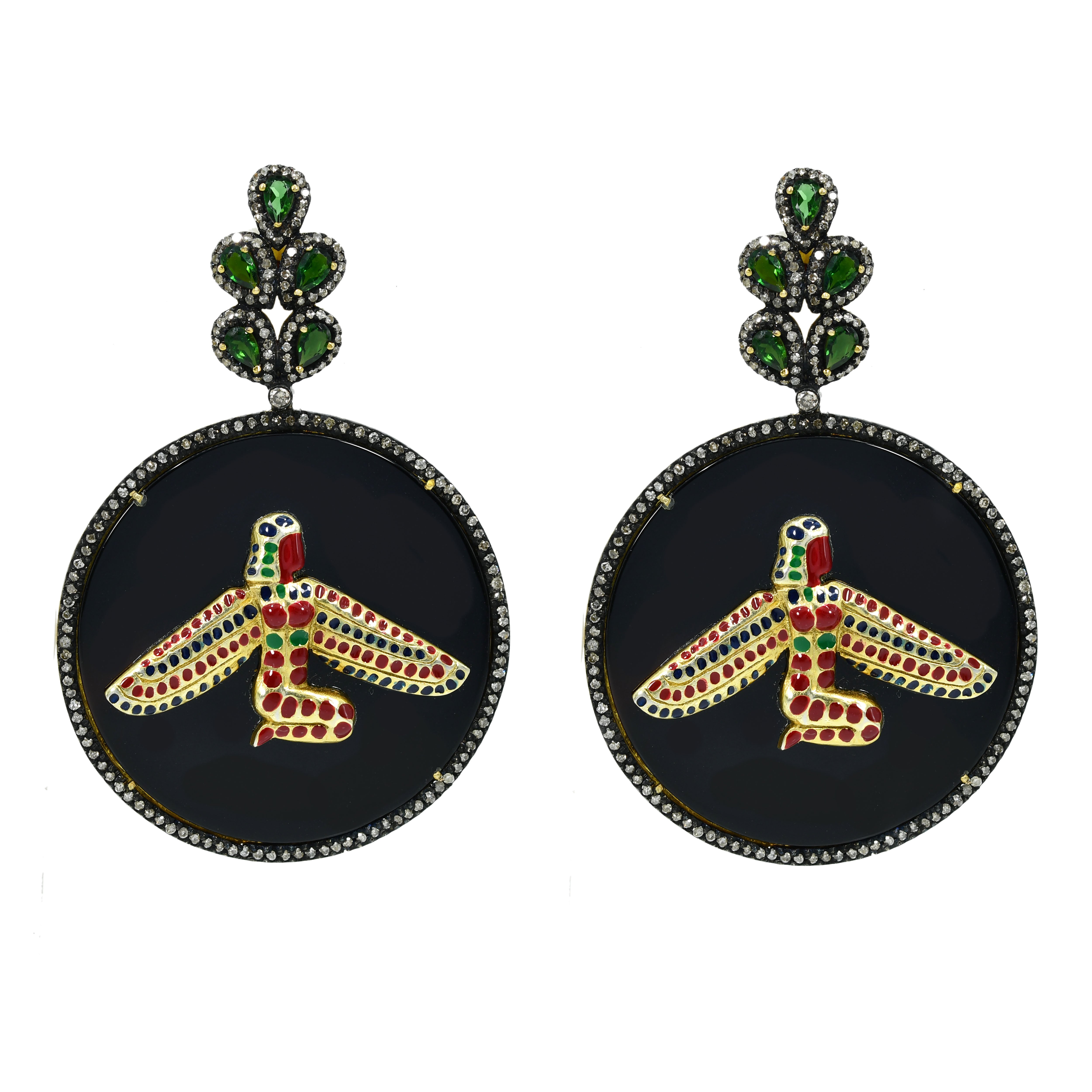14k Yellow Gold Hummingbird Drop Earrings with Emerald Leaf Dangle