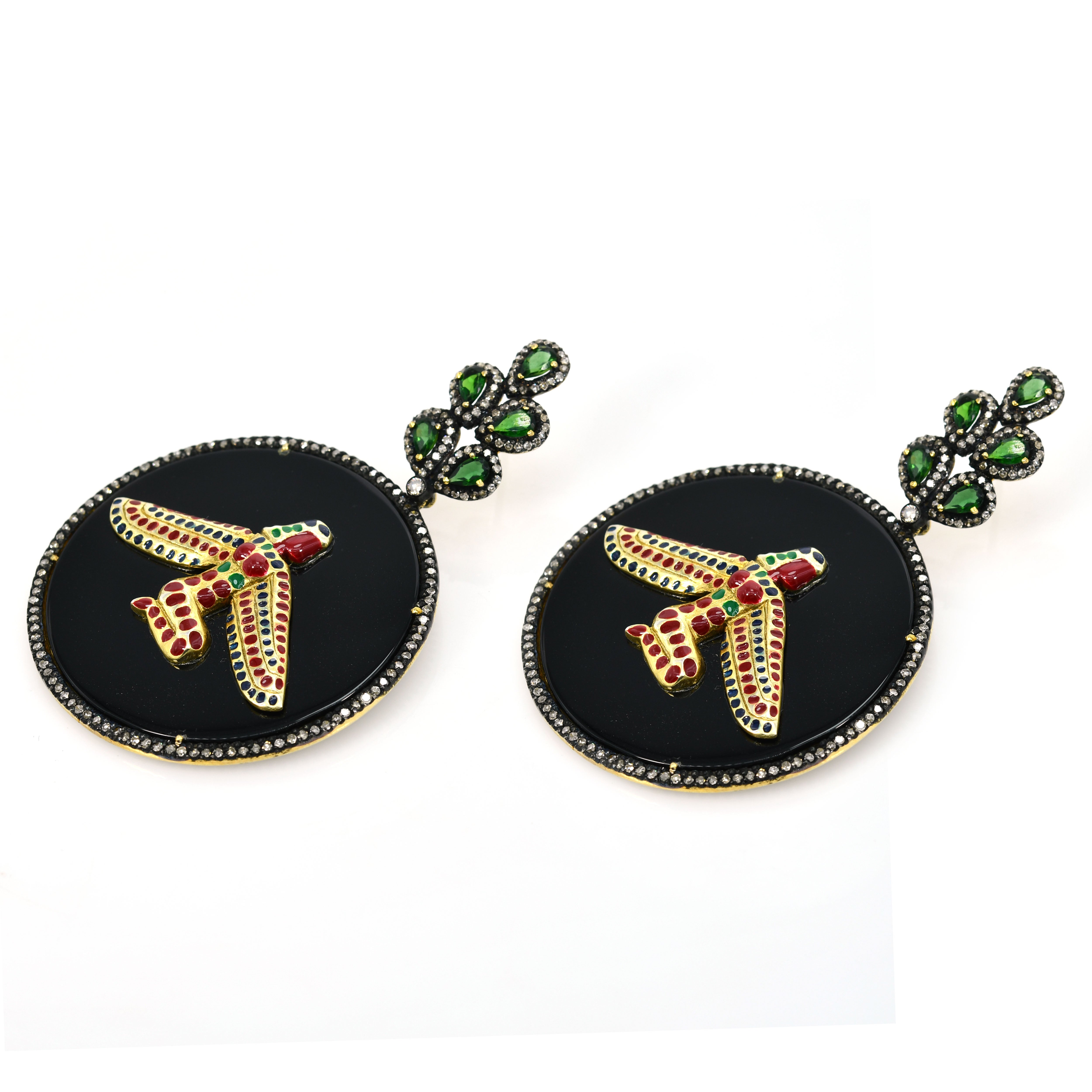 14k Yellow Gold Hummingbird Drop Earrings with Emerald Leaf Dangle
