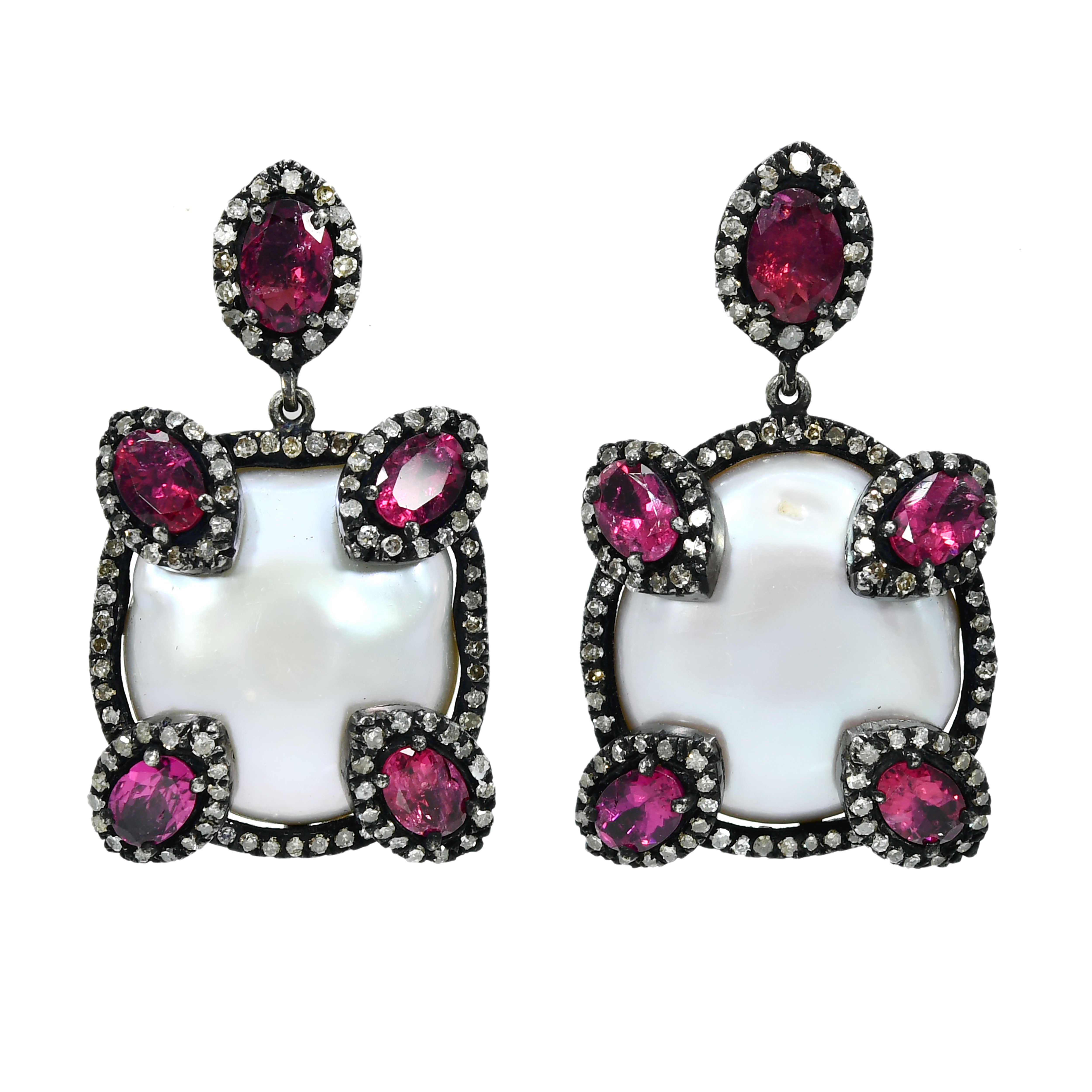 14k Yellow Gold Pearl, Pink Tourmaline & Diamond Dangle Earrings