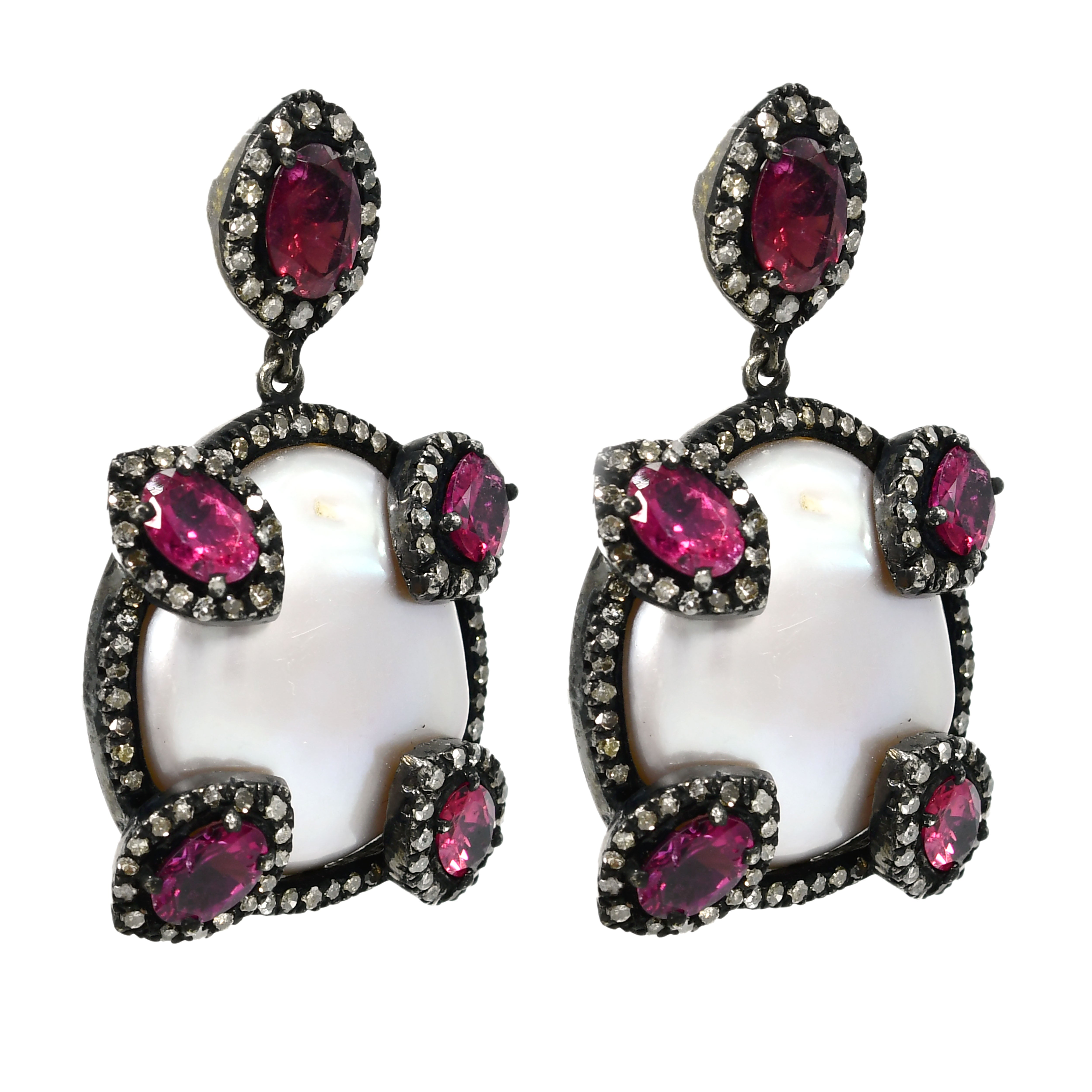 14k Yellow Gold Pearl, Pink Tourmaline & Diamond Dangle Earrings