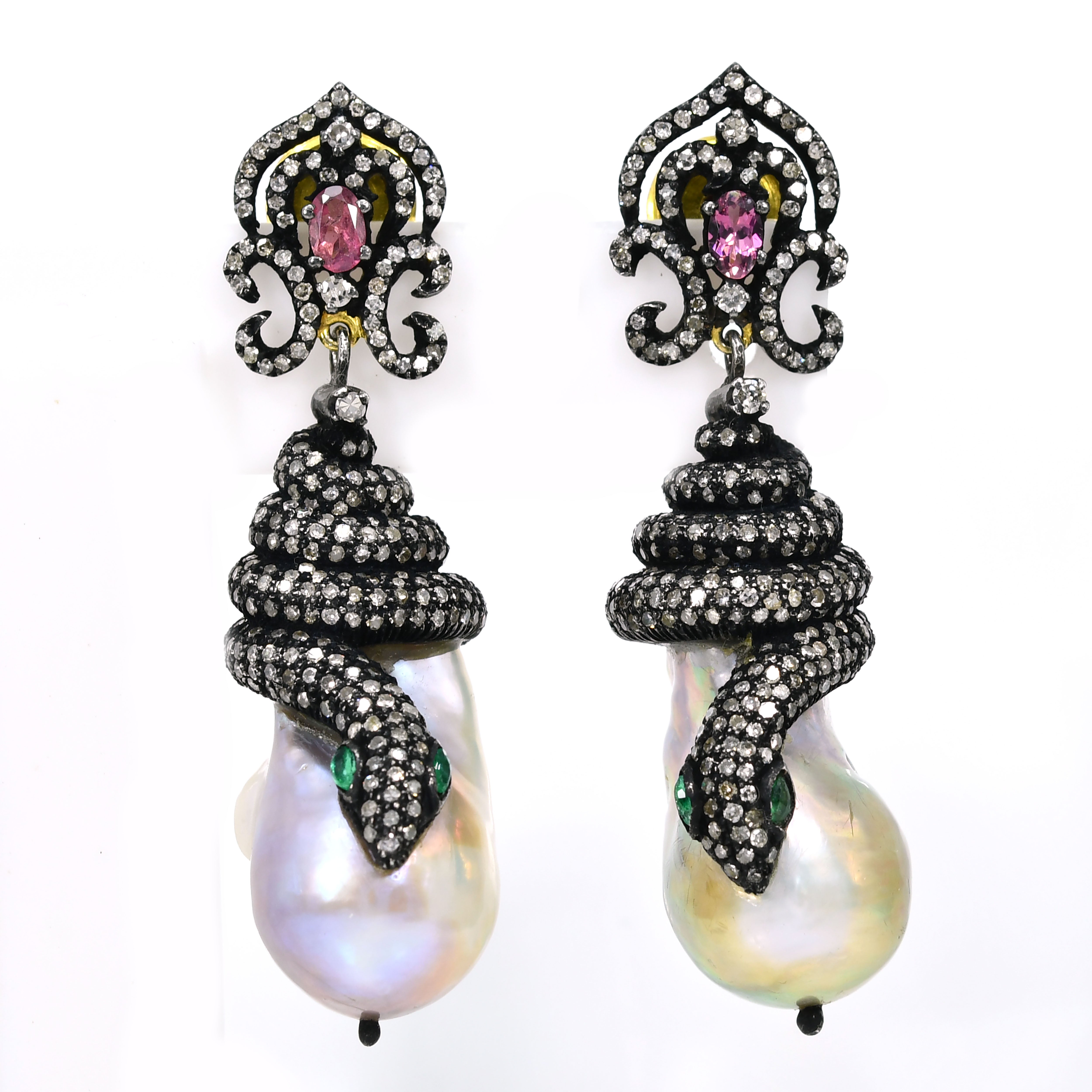 Silver & Gold Diamond Earrings with Pink Sapphire & Pearl Dangles