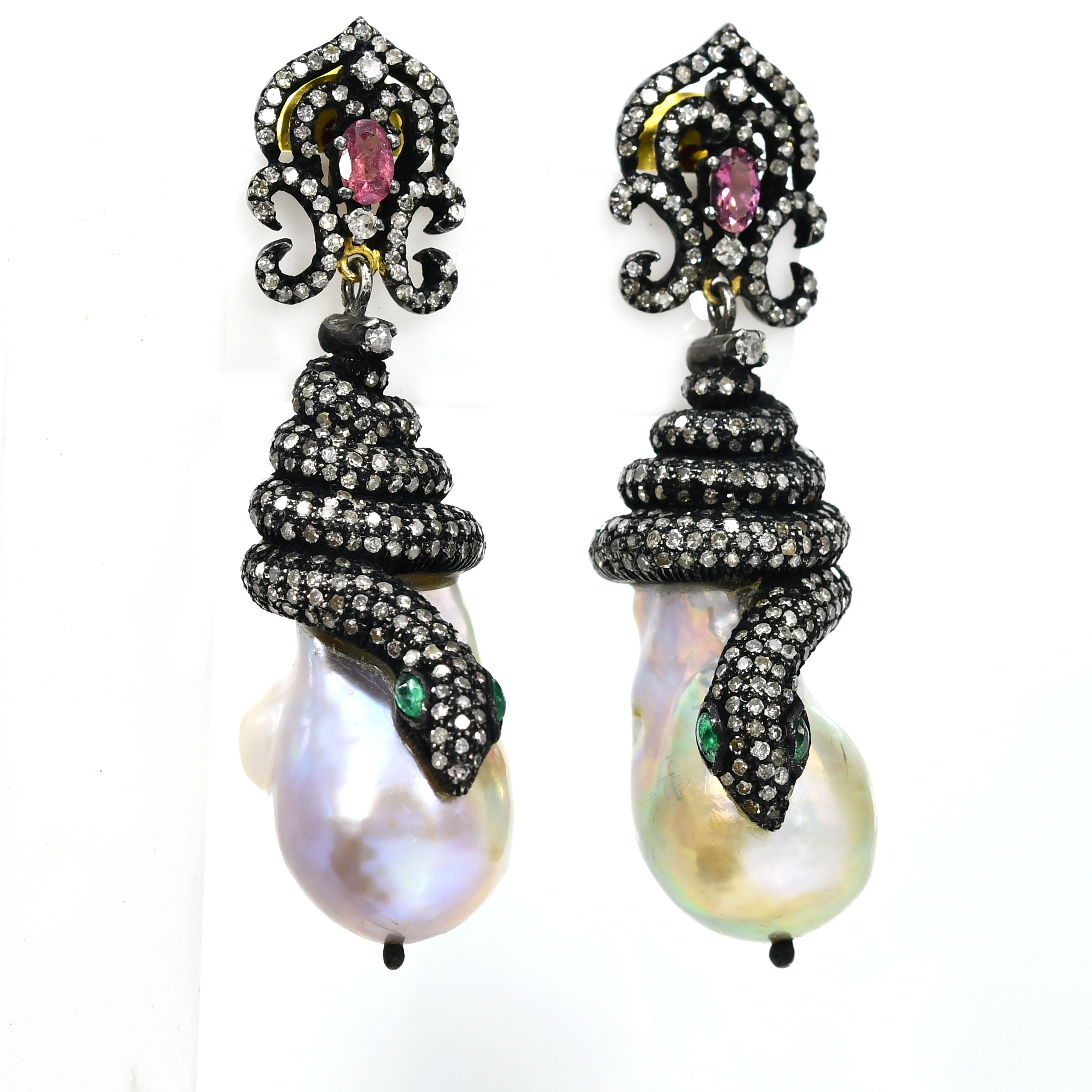 Silver & Gold Diamond Earrings with Pink Sapphire & Pearl Dangles