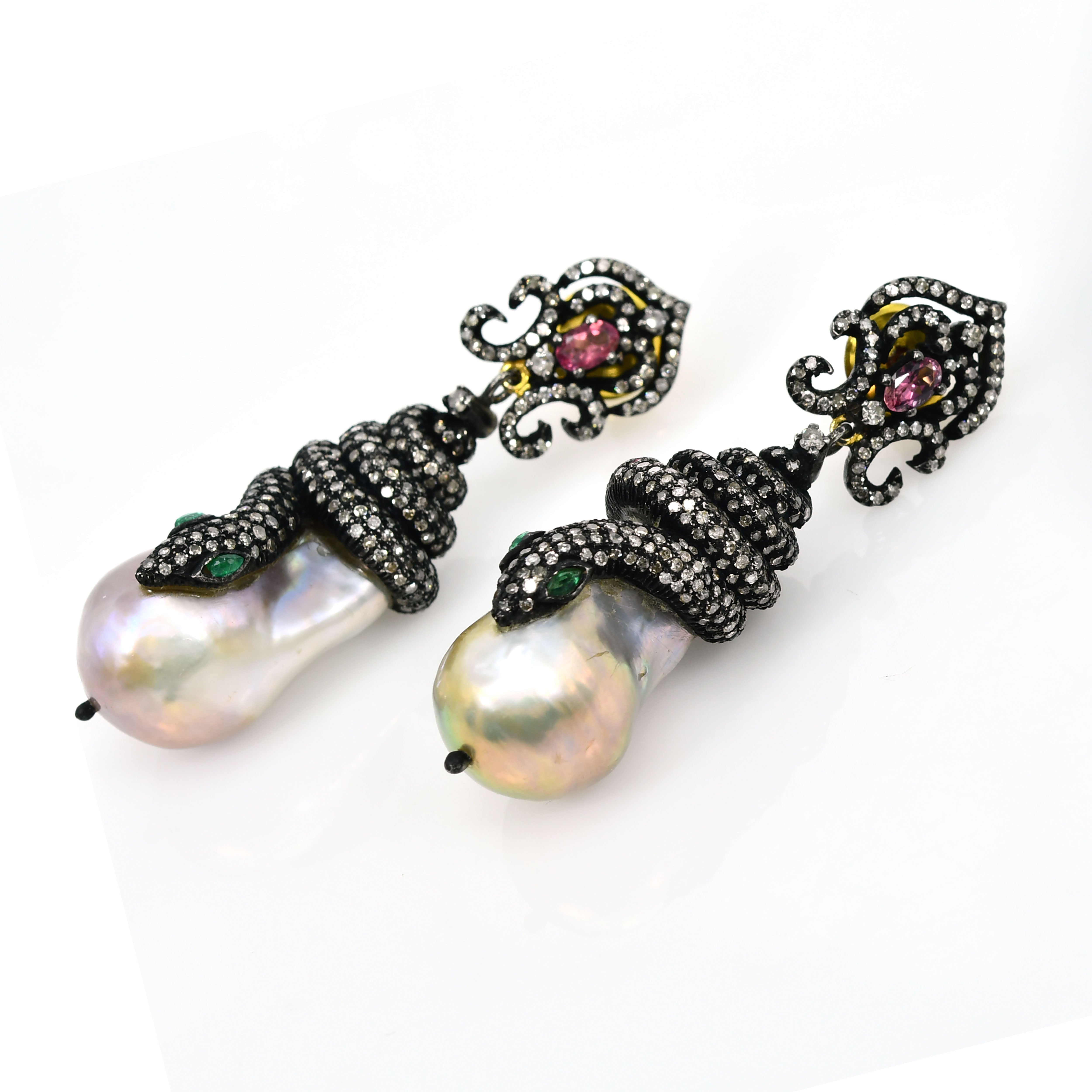 Silver & Gold Diamond Earrings with Pink Sapphire & Pearl Dangles
